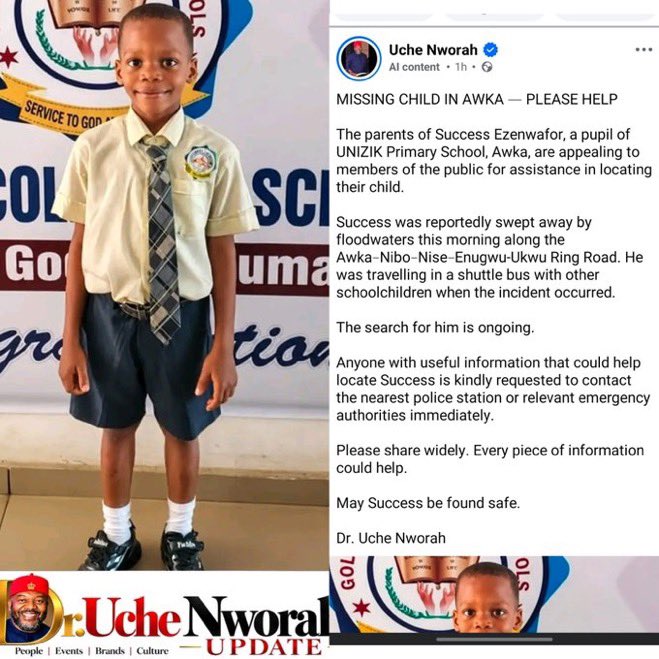 instablog9ja's tweet photo. Pupil reportedly swept away by floodwaters while on his way to school in Anambra https://t.co/rEXXbwzpmh