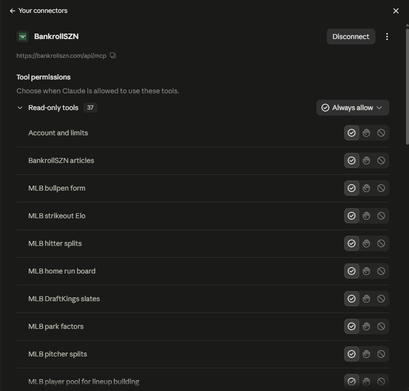TxM1tch's tweet photo. Pretty cool news: Your AI can now use my DFS models.

BankrollSZN is live as a connector in Claude and ChatGPT: 37 tools across MLB, NFL, WNBA, NBA and PGA. Projections, ownership, salaries, splits, park factors, weather, Elo and the daily playbook articles.

Free to try. Sign in, no API key. 

https://t.co/s7byhbdNby
