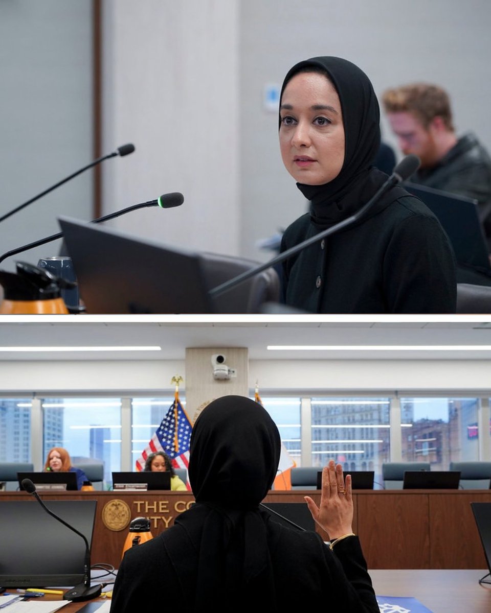 Two photos are stacked. The top photo shows a woman speaking into a mic at a table, with a computer and a bottle on it. A man is sitting in the background. The bottom photo shows a woman raising her right hand as she takes an oath in an official government room. In front of her, people sit at their desks with computers, and two flags stand behind their desks.
