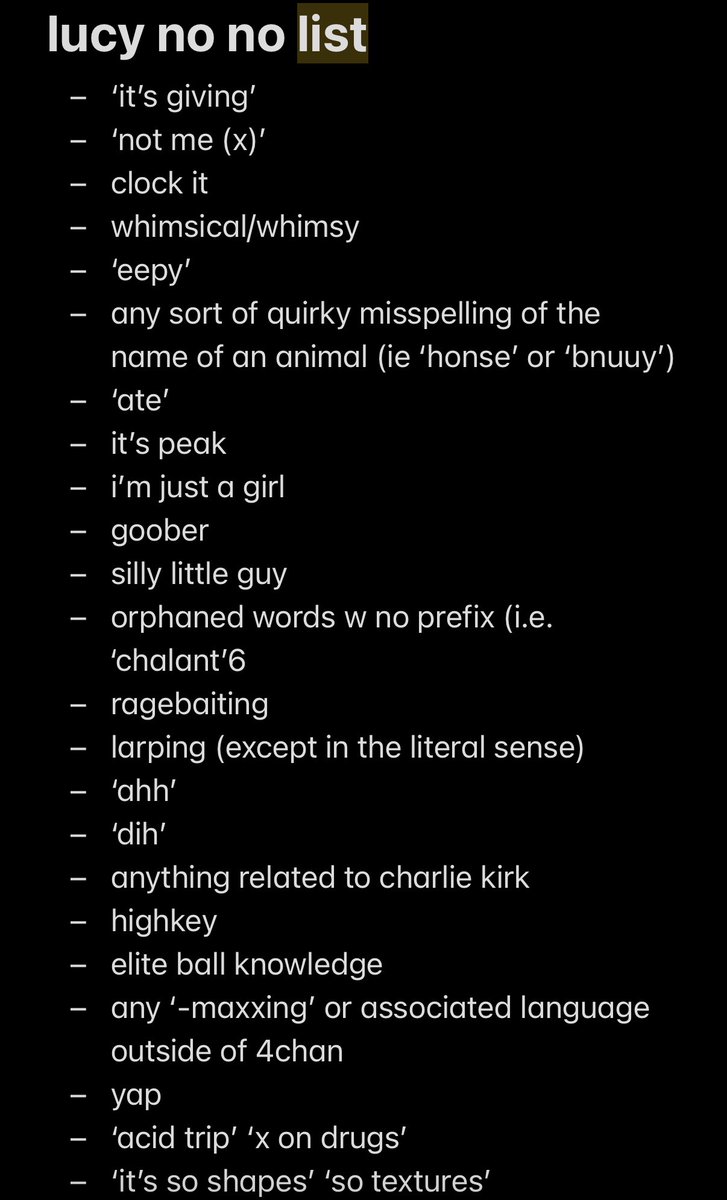 lucymtork's tweet photo. phrases / words i find distasteful and am hereby OUTLAWING. taking suggestions https://t.co/YLiP1eMOa9