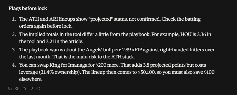 TxM1tch's tweet photo. Pretty cool news: Your AI can now use my DFS models.

BankrollSZN is live as a connector in Claude and ChatGPT: 37 tools across MLB, NFL, WNBA, NBA and PGA. Projections, ownership, salaries, splits, park factors, weather, Elo and the daily playbook articles.

Free to try. Sign in, no API key. 

https://t.co/s7byhbdNby