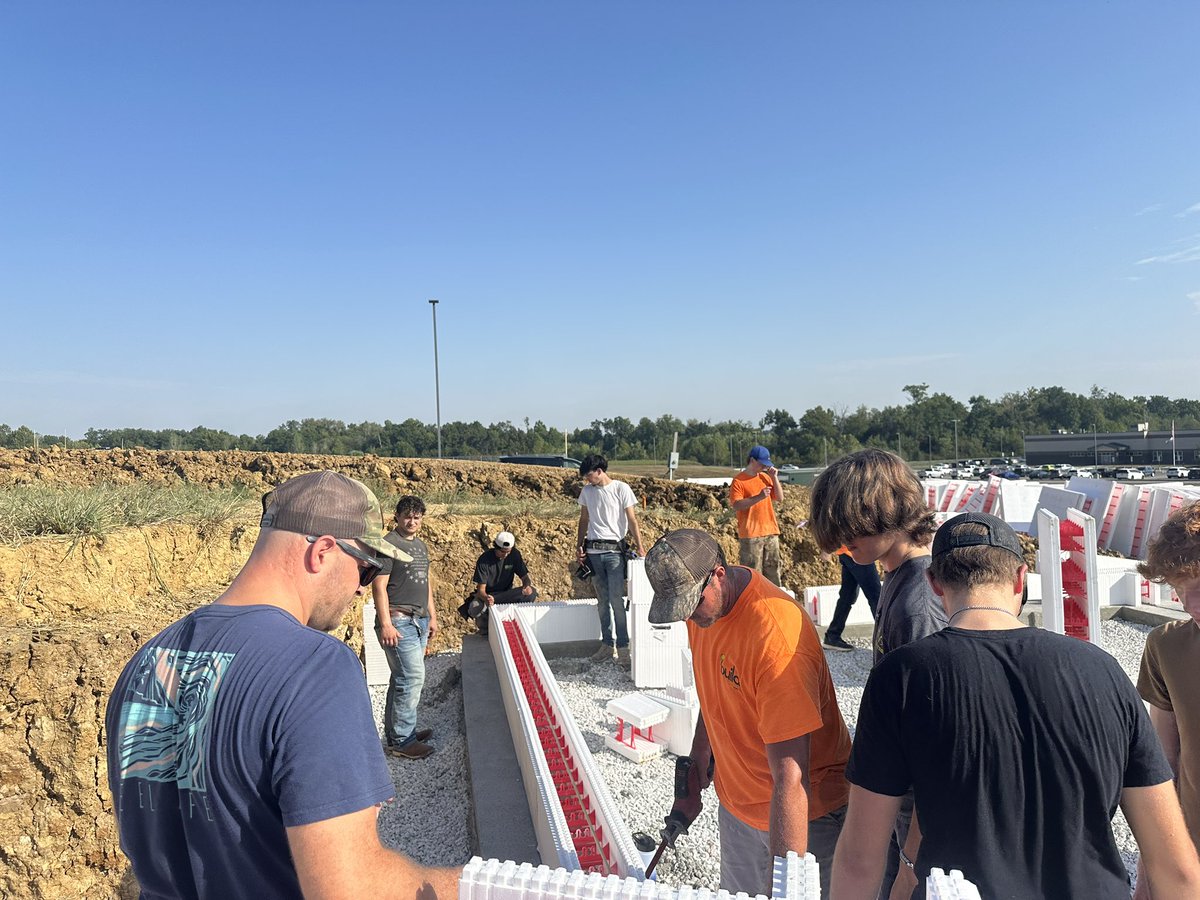 MrMeyersTBHS's tweet photo. Foundation day for the Tech house. Construction trade students and teachers stacked SuperForm ICF and poured the foundation today — hands-on work, real skills, and a solid start for 2026/27 @TbhsTech House. https://t.co/bHN9lJSMCj