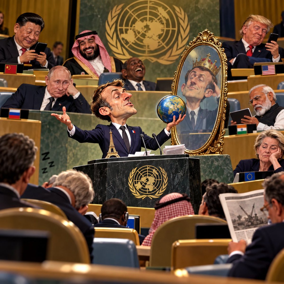 BPartisans's tweet photo. MIROIR, MON BEAU MIROIR, QUI ÉCOUTE ENCORE MACRON ?
Par @BPartisans 

À l’ONU, Emmanuel Macron a repris son numéro favori : expliquer au monde comment le monde devrait fonctionner. Ukraine, Gaza, Ormuz, intelligence artificielle, multilatéralisme… aucun problème planétaire ne saurait manifestement se passer d’une recommandation française.

Macron met en garde contre le retour de la « loi de la jungle ». Le problème, c’est que la jungle est déjà là. Les grandes puissances comptent leurs missiles, leurs usines, leurs ressources, leurs marchés et leurs capacités industrielles. La France, elle, arrive au milieu des fauves avec le règlement intérieur du zoo.

Pour l’Ukraine, Macron propose un « double moratoire ». Pour Gaza, deux États. Pour Ormuz, la liberté de navigation. Pour l’IA, une « troisième voie » indépendante de Washington et Pékin. Paris distribue les solutions comme des cartes de visite.

Reste un détail : convaincre quelqu’un de les appliquer.

Car le malaise est désormais là. Macron continue de parler comme si son avis était attendu, alors que la satire s’écrit presque toute seule : on lui installe le pupitre, on ajuste le micro, on écoute poliment et chacun retourne ensuite défendre ses intérêts.

Une sorte de Dîner de cons diplomatique, sauf que l’invitation porte le logo des Nations Unies.

« Emmanuel, surtout, raconte-nous encore ta troisième voie. »

Et Macron raconte.

Il explique à Washington et Pékin comment bâtir un autre modèle d’intelligence artificielle, à Moscou et Kiev comment suspendre certaines frappes, au Moyen-Orient comment retrouver la paix et aux puissances régionales comment gérer Ormuz. À l’entendre, il ne manque plus qu’un arbitrage français sur la météo.

C’est toute la diplomatie macronienne : confondre l’importance du sujet avec celle de celui qui en parle.

On retrouve alors la reine de Blanche-Neige devant son miroir :

« Miroir, mon beau miroir, dis-moi que la France est toujours au centre du monde. »

Le miroir regarde ailleurs.

Alors Macron recommence plus fort : multilatéralisme, souveraineté, troisième voie, sécurité collective…

Pendant ce temps, Washington calcule, Pékin investit, Moscou négocie selon ses objectifs, New Delhi marchande et les puissances du Golfe défendent leurs intérêts. Le monde avance au rapport de force.

Paris rédige le compte rendu.

Voilà peut-être ce qu’il y a de plus cruel dans ces grands discours : Macron semble encore parler avec l’assurance de celui qui croit tenir la salle, alors que son personnage satirique ressemble de plus en plus à celui qu’on laisse terminer par courtoisie avant de passer aux négociations sérieuses.

Il voulait empêcher la loi de la jungle. Il en devient le conférencier permanent, expliquant aux tigres les vertus du végétarisme pendant qu’ils choisissent le menu.

Macron parle encore comme si le monde attendait son avis. Dans cette caricature diplomatique, on l’invite, on l’écoute poliment, on le remercie… puis on décide sans lui.