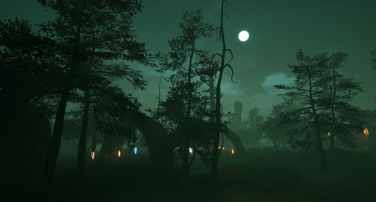 Wibbzter's tweet photo. The leaves on the trees here have a 128x128 texture, while the bark has only 64x64. But since the level is pretty dark, the trees and bushes look much higher quality.😎 #unrealengine4 #gamedev #indiegame https://t.co/ITdAxNsLuk