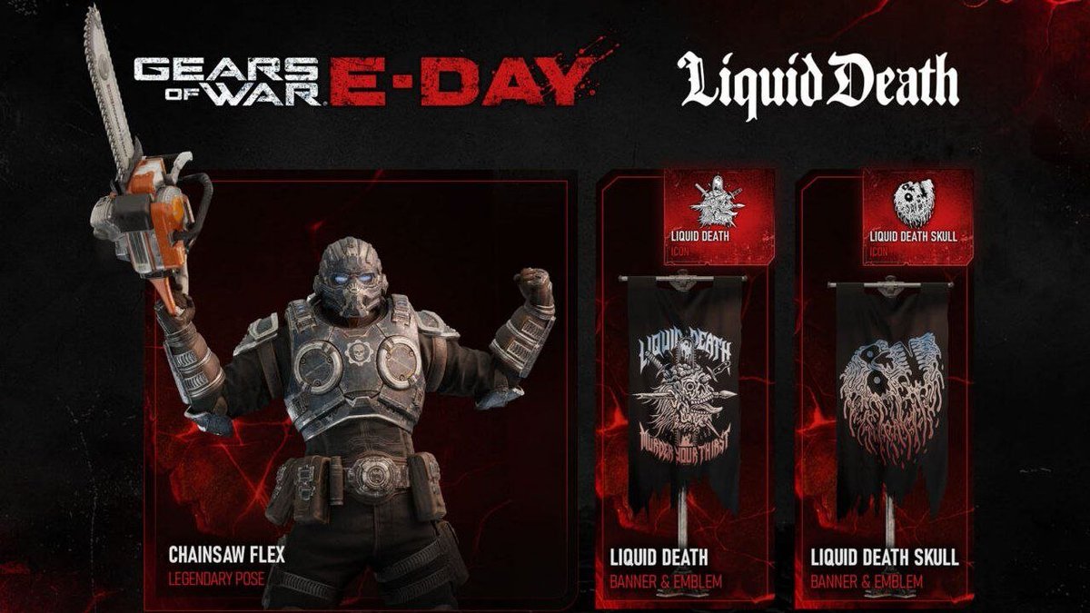 EMK_KrAuSeR's tweet photo. Gears of War: E-DAY x Liquid Death! 

Del 22 septiembre al 30 de noviembre, si compras Liquid Death Energy en Amazon, Target, Walmart, Instacart o Kroger (solo EE. UU.) obtendrás lo siguiente para el juego:

• Pose Legendaria Chainsaw Flex (animada, en cualquier personaje)
• Banner, emblema e icono con branding Liquid Death

*Mañana 23 de septiembre también saldrá merch limitada de la colaboración!
