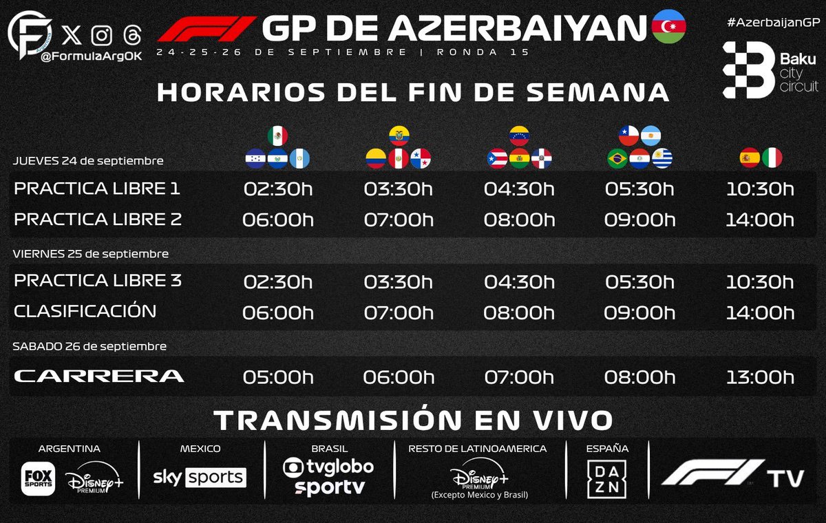 motorlat's tweet photo. 🏁¡Semana de GP de Azerbaiyán 2026! 🇦🇿

Estos son los horarios del Gran Premio de Azerbaiyán 2026 en Bakú, desde las prácticas libres hasta la carrera del sábado.

📌 Guarda la gráfica para no perderte ninguna sesión del fin de semana de #F1.

📊 Gráfica cortesía de @FormulaArgOK https://t.co/baJDpfXj59