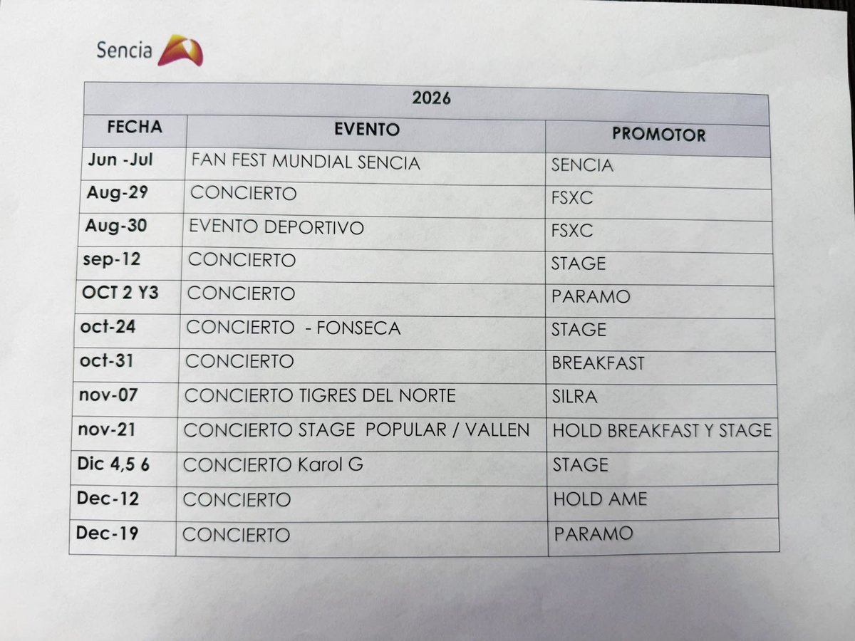 CarlosAfutbol's tweet photo. Este es el calendario de eventos que @SenciaBogota compartió con las fechas de los conciertos. 

@SenciaBogota con base en su comunicado, me pueden informar ¿a donde notificaron que El Campin iba a estar ocupado 10 días antes?

Quedo atento… https://t.co/LOIBVRtawf