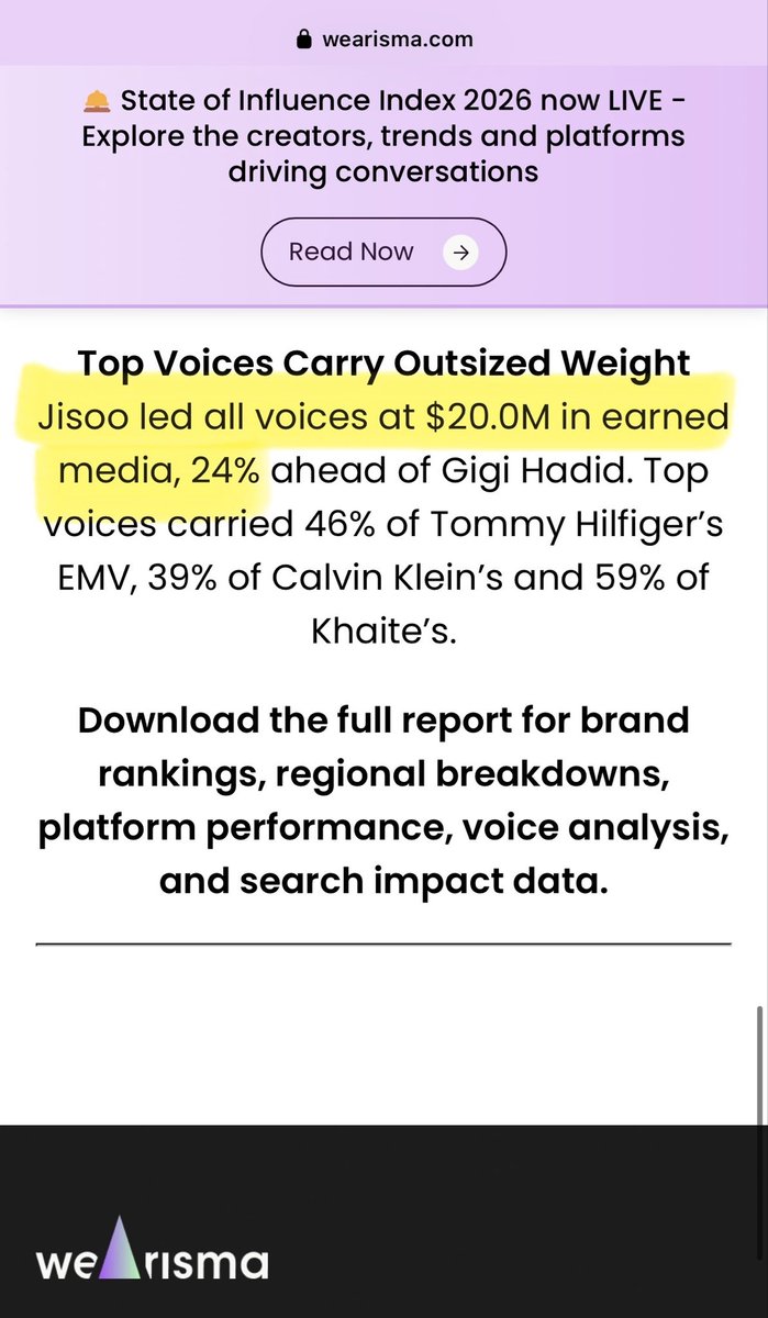 RaeKaeli's tweet photo. JISOO is proving what real brand impact looks like. Tommy Hilfiger’s NYFW SS27 presence saw her lead the celebrity voices w/ $20M in EMV while just 13% of engagement came from Tommy’s own channels. Her influence speaks louder than any campaign.❤️‍🔥JISOO x TOMMY = impact. 🔥 https://t.co/iiMiSgyWzn