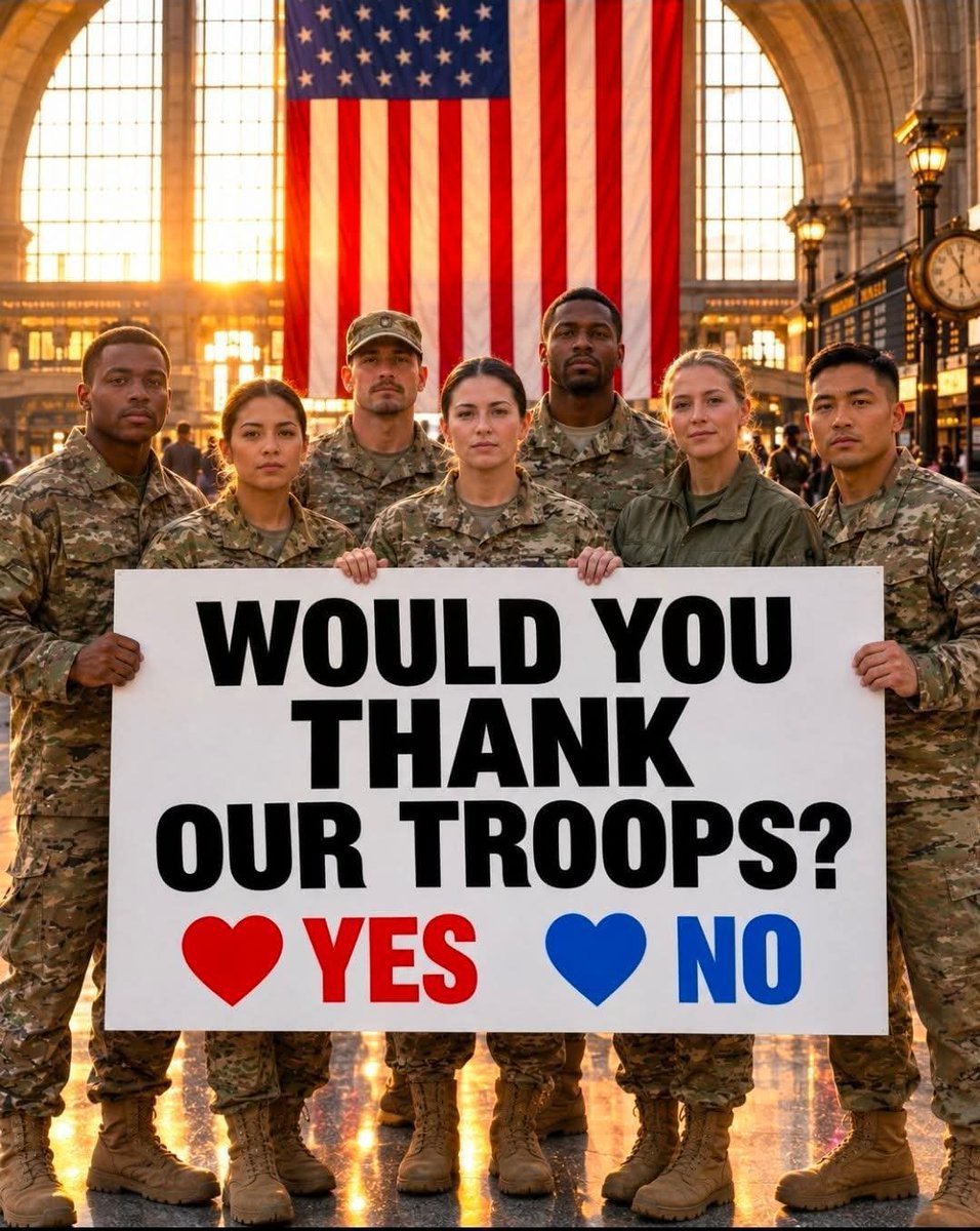 real_Jonathan_5's tweet photo. Would You Thank Our Troops? 🇺🇸

Sometimes, a simple “thank you” is enough to show that their service hasn't gone unnoticed. 🇺🇸❤️

Would you thank our troops? 

❤️ YES    💙 NO https://t.co/yMYNuEwc9j