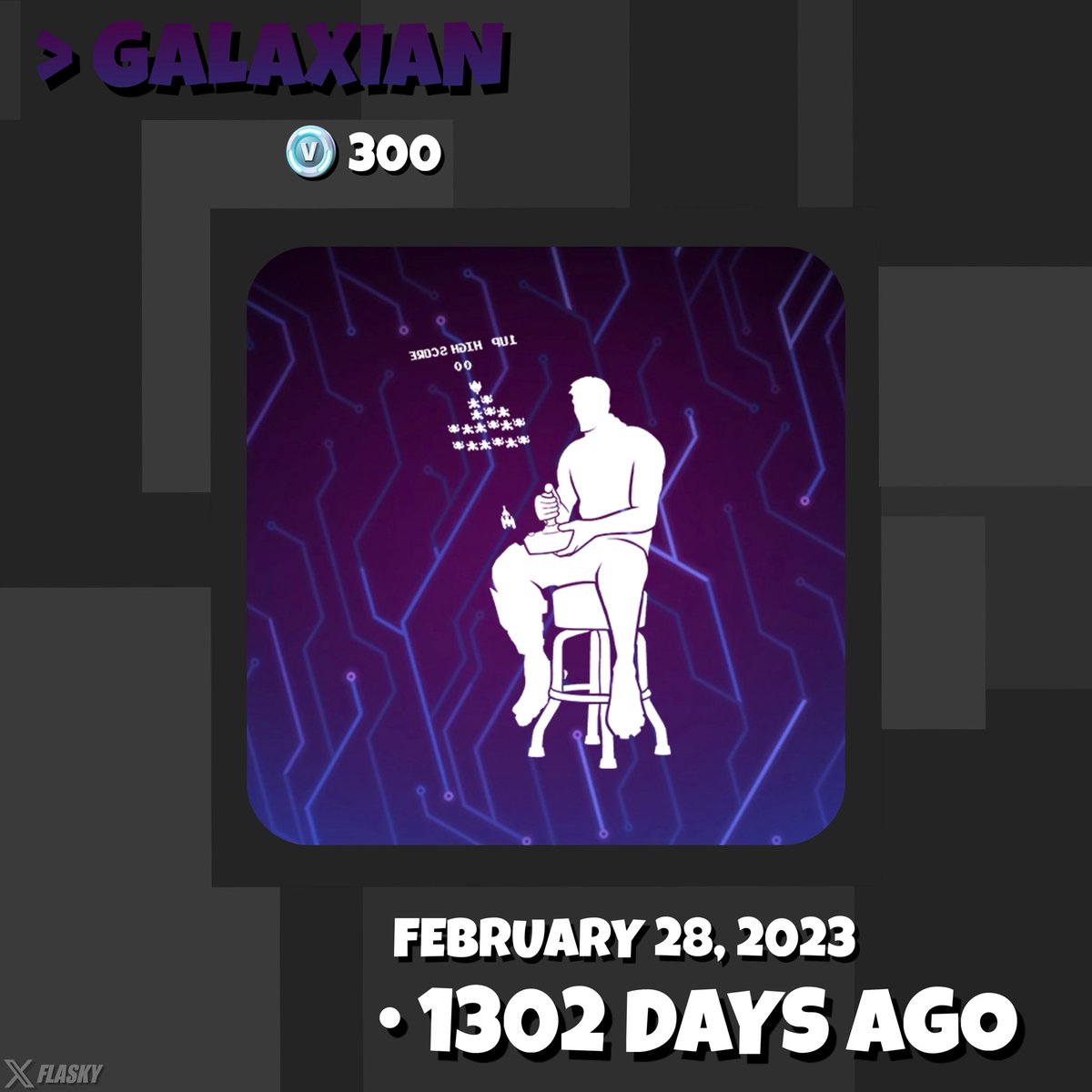 flaskytv's tweet photo. The "Galaxian" Gaming Legends emote was last seen over 1300+ days ago 🕹️

Do you have this in your locker ?

#FlaskyCosmeticsFN | NEW design by myself, what do you think 🤔 https://t.co/m8pVJojX6j