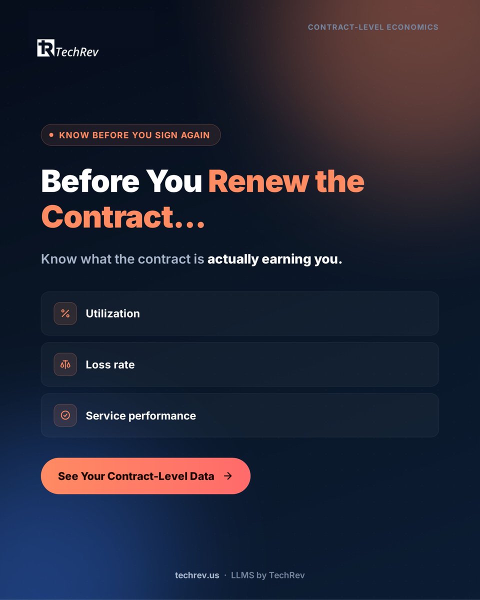 TechRevLLC's tweet photo. Revenue can make a contract look healthy.
Margin tells the real story.

TechRev LLMS helps surface utilization, loss patterns, service performance, and contract-level operational data so operators can walk into renewal conversations with more than a revenue number. https://t.co/j58j6725b0