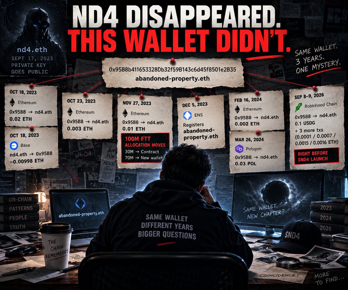 theamigox's tweet photo. ND4 DISAPPEARED. THIS WALLET DIDN’T.

This is not a theory based on matching names. It’s an on-chain trail.

The address is: 0x95B8b411653328Db32f59B143C6d45f8501e2B35

Today it owns the ENS: abandoned-property.eth

Here’s what I found, step by step.

1. The story starts after the nd4.eth private key became public.

On September 17, 2023, the historical nd4.eth private key was published. From that point onward, transactions from: 0xEfbBc3fa829aF506Bc7AfE1a0C31B3c7419456F7
can no longer prove that THE original nd4.eth was behind them. Anyone with the published key could use the wallet. That distinction is important.

2. One month later, 0x95B8 appears.

October 18, 2023 — Ethereum: 0x95B8 → nd4.eth 0.02 ETH

At first this could easily look like someone simply funding the public wallet with gas. But then I checked other chains.

3. Around 40 minutes later, the direction reverses.

October 18, 2023 — Base: nd4.eth → 0x95B8 ~0.00998 ETH

So this wasn't just a random wallet sending gas to ND4. The two addresses were interacting in both directions and across chains. And the activity didn't stop there.

4. 0x95B8 returns five days later.

October 23 — Ethereum: 0x95B8 → nd4.eth 0.003 ETH

Shortly afterward, the public ND4 wallet performs another operation.

5. Then comes November 27 — the strangest day.

Historical nd4.eth still held several token allocations it had received before the private key was made public. That day those old allocations suddenly started moving.

Among them:

❗️15M nd4
❗️~71.982B nd4.eth
❗️100M FTT

Then at: 17:27:59 UTC 0x95B8 → nd4.eth 0.01 ETH

Approximately one Ethereum block later: the old 100M FTT allocation is processed.

❗️30M goes to the token contract.
❗️70M goes to a separate wallet.

And that wallet remained largely dormant. This is where 0x95B8 stops looking like a random observer.

6. Eight days later something very strange happens.

December 5, 2023. The same 0x95B8 registers an ENS name: abandoned-property.eth

❗️Registrant: 0x95B8...2B35
❗️Owner: 0x95B8...2B35
❗️Manager: 0x95B8...2B35

This isn't an ENS name that merely resolves to the wallet. The wallet actually owns it. The name itself proves nothing. But the timing is hard not to notice. The private key of nd4.eth had been given to the world. Its ENS ownership had already been sent into a black hole. The wallet had effectively become public property. And eight days after the mysterious November activity, one of its recurring counterparties registers: abandoned-property.eth

Coincidence? Maybe. Keep going.

7. The relationship survives into 2024.

February 16, 2024: 0x95B8 → nd4.eth 0.002 ETH

Then in March, the two addresses cross paths again on Polygon. So this wasn't just a one-day November interaction. The relationship persisted. Then things went quiet. Until 2026.

8. Almost three years later, the SAME wallet comes back.

September 8, 2026. Just as the modern robinhood:0xa43a9b6eedd8204f445237bf72775ed9b1723d45 story is beginning: 0x95B8 → historical nd4.eth 0.1 USDG

Then: 0x95B8 → nd4.eth 0.0001 ETH

On September 9 it funds nd4.eth another three times:

❗️0.0007 ETH
❗️0.0015 ETH
❗️0.0016 ETH

Same external wallet. Same historical nd4.eth. Almost three years later.

And this time it's happening directly around the launch of robinhood:0xa43a9b6eedd8204f445237bf72775ed9b1723d45.

9. Then we decoded the robinhood:0xa43a9b6eedd8204f445237bf72775ed9b1723d45 contract itself.

The constructor records: deployer_ = 0xEfbBc3fa...7419456F7. The historical public nd4.eth address. So the connection between the new token and the historical address exists directly in the contract.

But remember: the private key has been public since 2023.

This still does NOT prove THE original ND4 returned.

10. Then I found the Creator Fees trail.

September 9, 2026. Historical nd4.eth calls:
transferCreatorFeeRecipient()

For: robinhood:0xa43a9b6eedd8204f445237bf72775ed9b1723d45 0xa43a9b6eedd8204f445237bf72775ed9b1723d45

And transfers the Creator Fee rights to: 0xeA13dDdd1Dbf1ae97F9E8576Cf63ad51E9a0731a The treasury.

Three days later the treasury transfers those rights again: 0xeA13 → 0x64CfC0daFAdfA20F52D78D0AAa134879c828228C

That is the wallet currently running: Creator Fees → Buy robinhood:0xa43a9b6eedd8204f445237bf72775ed9b1723d45 → Burn.

So look at the complete trail:

❗️2023 0x95B8 ↔ public nd4.eth

↓

❗️October interactions

↓

❗️November pre-key allocations move

↓

❗️0x95B8 → gas → ND4 → old FTT allocation

↓

❗️8 days later 0x95B8 registers abandoned-property.eth

↓

❗️2024 0x95B8 → nd4.eth again

↓

❗️2026 the SAME 0x95B8 returns

↓

❗️repeatedly funds historical nd4.eth

↓

❗️historical nd4.eth launches / controls the new robinhood:0xa43a9b6eedd8204f445237bf72775ed9b1723d45

↓

❗️Creator Fee rights: nd4.eth → Treasury → Buy & Burn wallet

That is the discovery. I am not claiming: 0x95B8 = THE nd4.eth

There is currently no proof of that. And because the nd4.eth private key became public in September 2023, every post-key transaction must be treated carefully.

But we can now say something much more specific: The same external wallet maintained a persistent, multichain relationship with the public nd4.eth identity from 2023 into 2024 — and then reappeared almost three years later directly around the launch of robinhood:0xa43a9b6eedd8204f445237bf72775ed9b1723d45 in 2026.

And that wallet chose one ENS name: abandoned-property.eth

⁉️Maybe it's just an early user of the public key.

⁉️Maybe it's part of the post-key operator cluster.

⁉️Maybe there's another explanation.

❗️But I don't think this address should be ignored.

The chain remembers.

robinhood:0xa43a9b6eedd8204f445237bf72775ed9b1723d45 #RobinhoodChain

CA: 0xa43a9b6eedd8204f445237bf72775ed9b1723d45