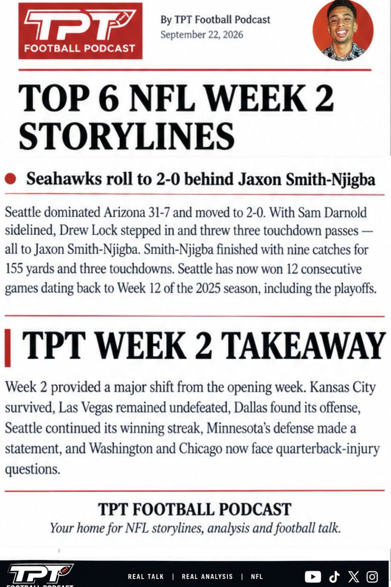 Jaydenlolar1's tweet photo. Top storylines from week 2 
#NFL #Chiefs #podcasts #News https://t.co/KDh03rZB3u