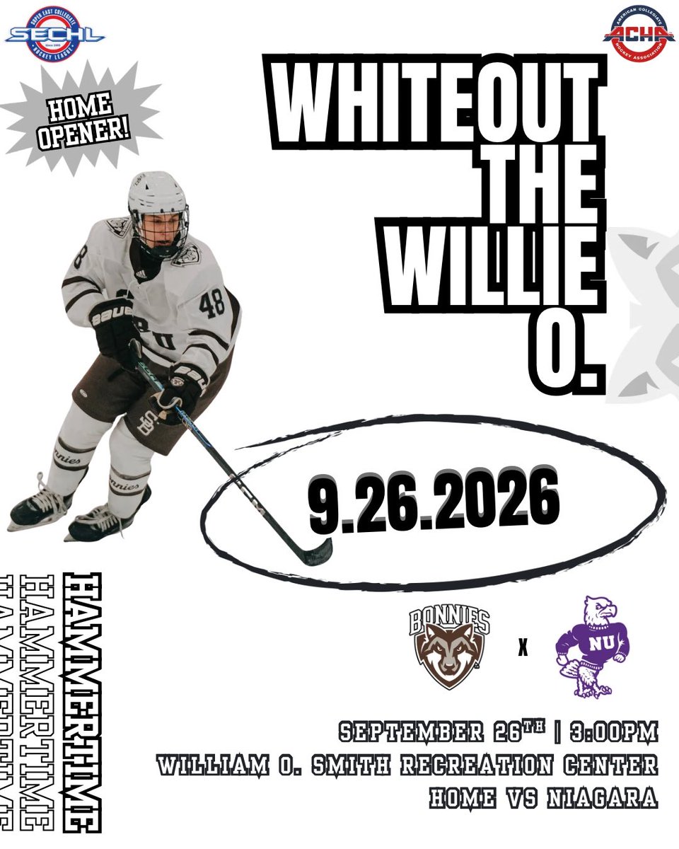 BonniesHockey's tweet photo. Bonnies Hockey is back.
Join us this Saturday, September 26th for our home opener! With Family weekend happening on campus, bring the family out, enjoy some Bonnies hockey, and donβt forget to WEAR WHITE!
#GoBonnies #Hockey #College #ACHA #Hammertimeπ¨ https://t.co/lOeOxyTboC