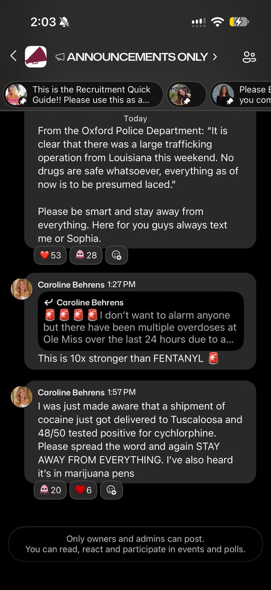 EliciaBrand's tweet photo. 🚨BREAKING- PARENTS, READ THIS!🚨

Allegedly, Ole Miss is searching for more kids who didn't show up to class today.  

Reports are that there are student Overdose deaths at Clemson, LSU, Alabama, USouthCarolina and Ole Miss. 

This was just sent to all @IFC at UGA:

🚨🚨🚨🚨As I am sure you guys are starting to hear, this weekend in Oxford there were 7 deaths from overdoses at least 5 of which were fraternity men. These deaths came from cyclorphine an opioid that is stronger then fentanyl that was disguised as a Xanax and potentially also cocaine. I reached out to all of your chapter presidents but as we know to combat this we need leaders of all ages to be on the same page, strongly encourage your chapters against drug use. It is evident this new mixer has hit the SEC. With a big weekend ahead it is critical you all are proactive with your chapters regarding this issue, so getting in front of guys you know may partake in these risks is encouraged.

@ClemsonUniv, @LSU, @UofAlabama @UofSC @OleMiss @DawgsAth