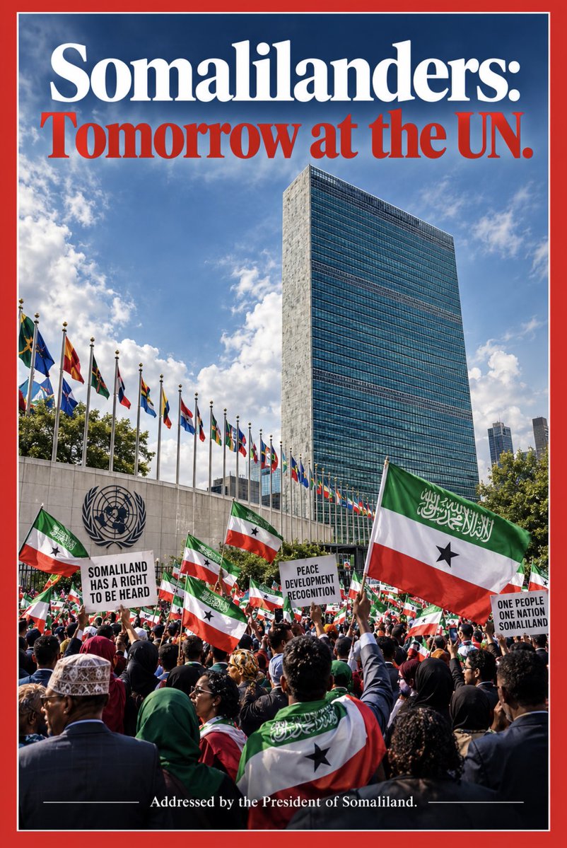 AbdiiJama2025's tweet photo. 🚨URGENT: We call on all Somalilanders and allies across North America to join us tomorrow at the United Nations in New York. Let’s amplify our voices and make this historic moment unforgettable. Together, we rise! #Somaliland #UNRally #HistoryInTheMaking https://t.co/DqexEgu9dP