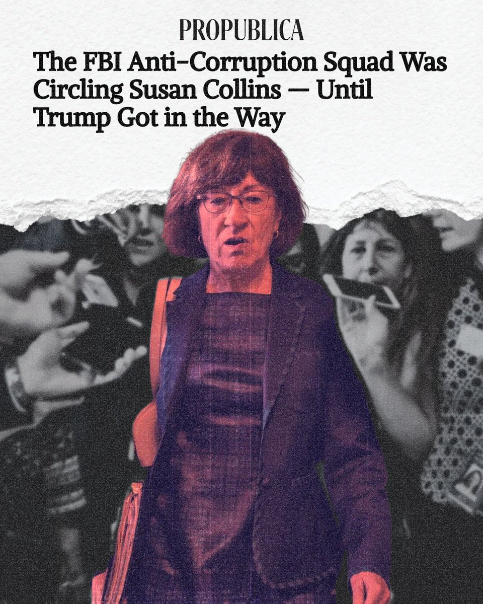 MaineDems's tweet photo. A new ProPublica investigation is out, and Mainers deserve answers. 
According to the report, Susan Collins' office helped steer millions in defense contracts to Navatek, a Hawaii contractor whose CEO was illegally funneling money into her campaign. Some donations came within a day of the defense spending bill clearing a key Senate committee. The FBI wanted to open a sweeping bribery probe. Then Trump's administration dismantled the unit running it.
Collins has spent decades telling Maine she's independent. This story shows who she really works for, and who has her back.