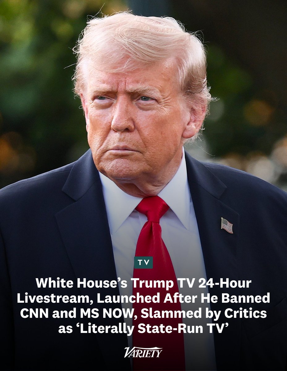 Variety's tweet photo. The White House has launched Trump TV, a 24-hour livestream featuring reruns of Trump speeches alongside live coverage of other events with administration officials. 

Critics quickly denounced the program as “state-run” television, similar to government-controlled outlets in other countries. 

“America cannot have state TV,” said Weijia Jiang, CBS News’ senior White House correspondent. “That’s what makes America America… because you need independent actors to be able to be the observers. And if the government is only showing you what it wants, then you have to question: What are we missing?”

https://t.co/sNK8f2YHG2