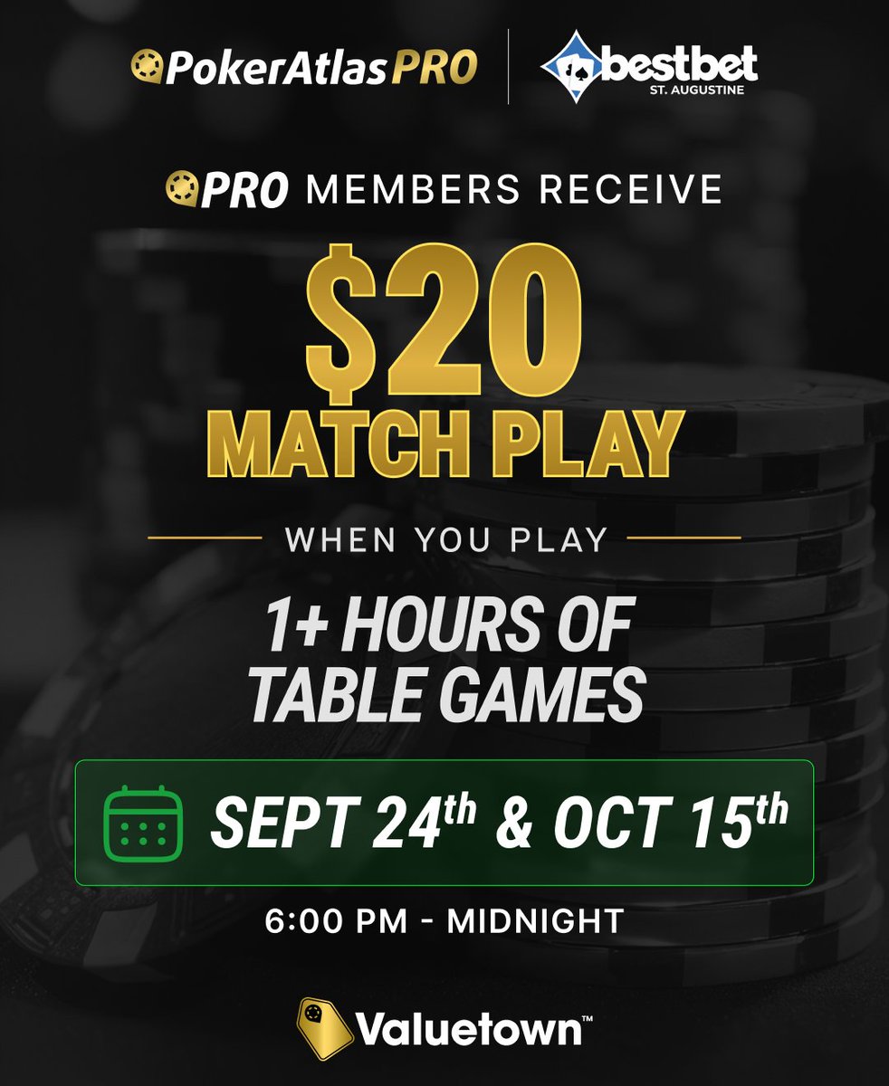PokerAtlas's tweet photo. @bestbet_jax PROs have a pretty good week ahead 👀

💰Thurs 9/24: $20 Match Play
♠️ Sun 9/27: $18 Tournament Fee Comp

Pick One. Pick Both. 
Get PRO 👉 https://t.co/O3feaasIpW

#Poker #PokerLife https://t.co/iqScH5jwKW
