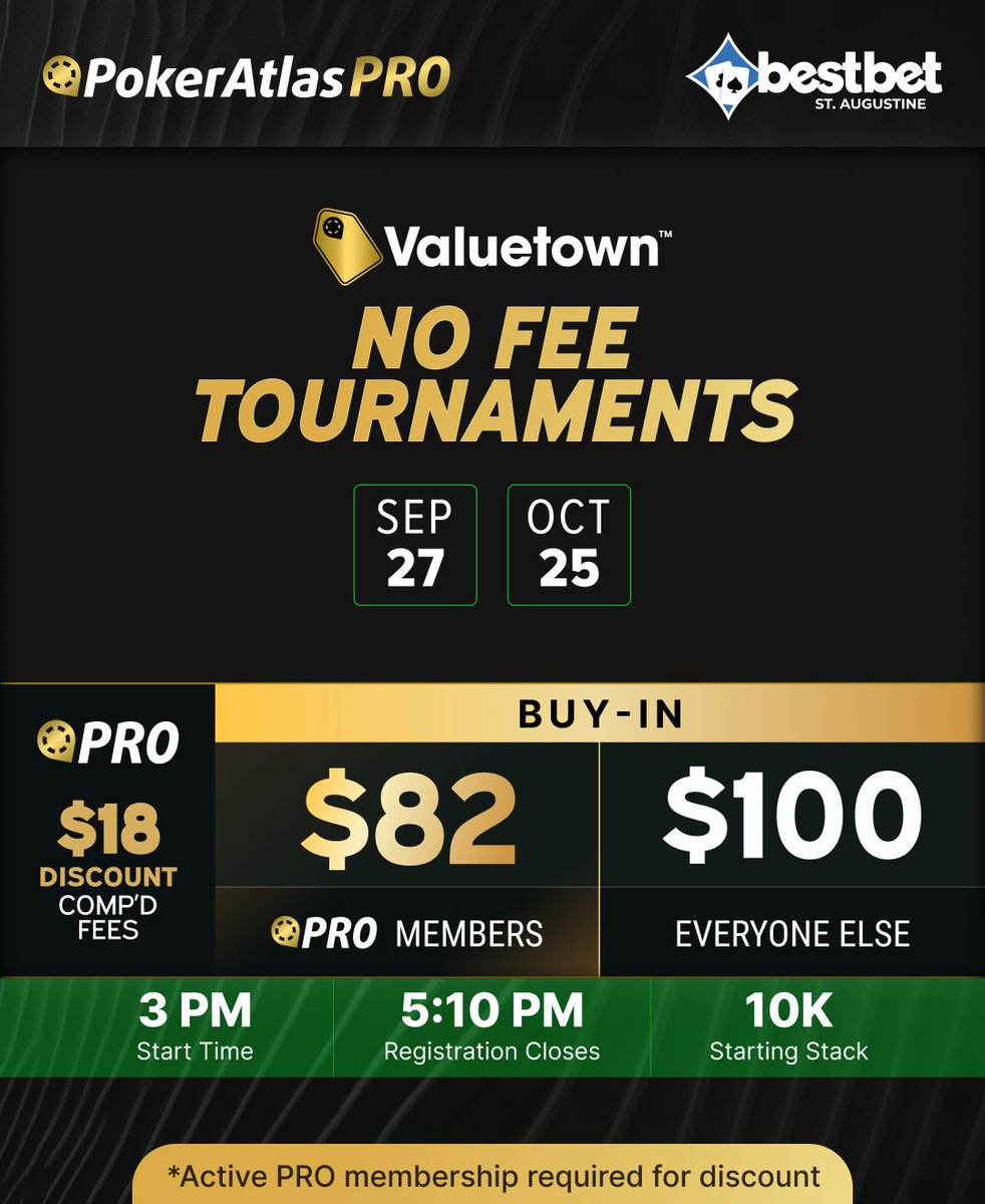 PokerAtlas's tweet photo. @bestbet_jax PROs have a pretty good week ahead 👀

💰Thurs 9/24: $20 Match Play
♠️ Sun 9/27: $18 Tournament Fee Comp

Pick One. Pick Both. 
Get PRO 👉 https://t.co/O3feaasIpW

#Poker #PokerLife https://t.co/iqScH5jwKW