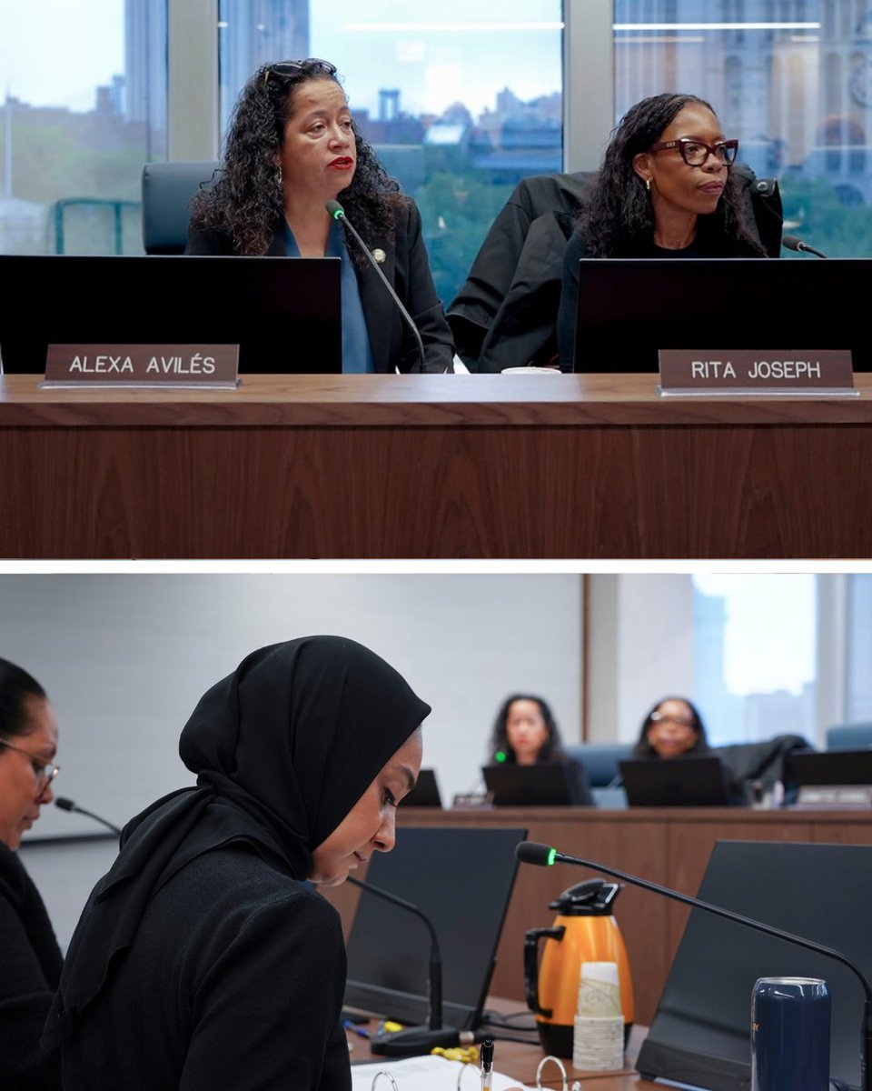 A stacked photo. On the top photo, there are two women sitting at a joint desk with computers and name cards on top. One woman is speaking into a mic. The bottom photo shows the same women sitting; this time, they are listening to the two women sitting down.