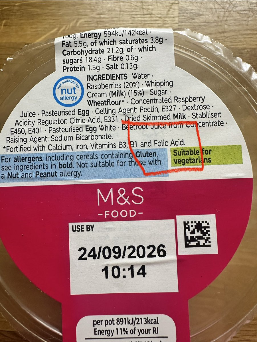zoebevan04's tweet photo. Hello @marksandspencer Why is artificial folic acid now in so much of your food? This is a Raspberry Royale dessert - yet another item I won’t be buying again 🤷‍♀️ https://t.co/NclXYg0mUP