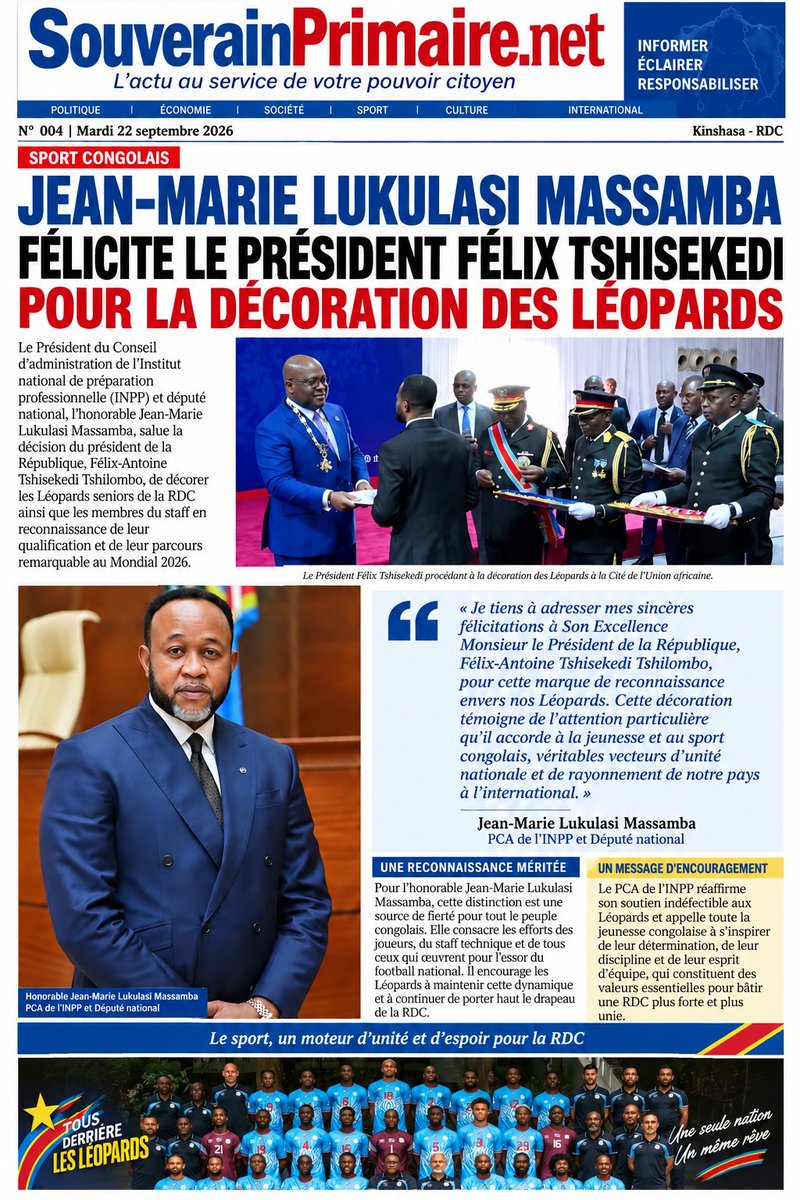 PlamediKetenge's tweet photo. #RDC #Léopards

L’honorable Jean-Marie #Lukulasi Massamba, PCA de l’INPP et député national, félicite chaleureusement le président de la République, Félix-Antoine #Tshisekedi Tshilombo, pour la #décoration des Léopards seniors et de leur staff.

Il salue cette reconnaissance qui met en valeur les efforts consentis par l’équipe nationale et l’engagement en faveur du sport et de la jeunesse congolais.

« Cette distinction témoigne de l’attention particulière accordée à nos Léopards et au sport congolais. »
@Lukulasi24 @fatshi13 @SuminwaJudith