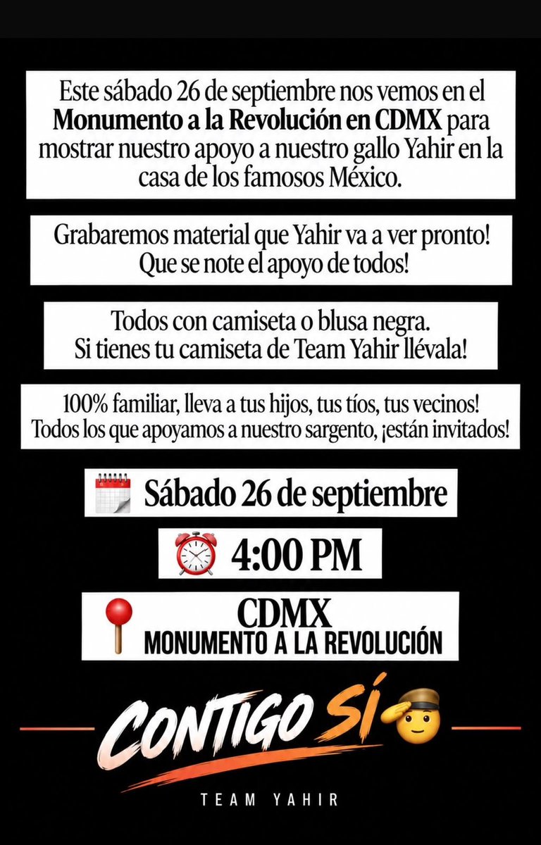 ortiz261014's tweet photo. ATENCIÓN CDMX: vamos a unirnos al movimiento de Hermosillo, grabaremos un vídeo que el muy pronto vera, pero necesitamos el apoyo de todo #teamyahir de CDMX y alrededores 
Fecha: Sábado 26 de Septiembre
Hora: 4:00PM
Lugar Monumento a la  Revolución 
#yahir #LaCasaDeLosFamosos https://t.co/gDaKK8zJmp