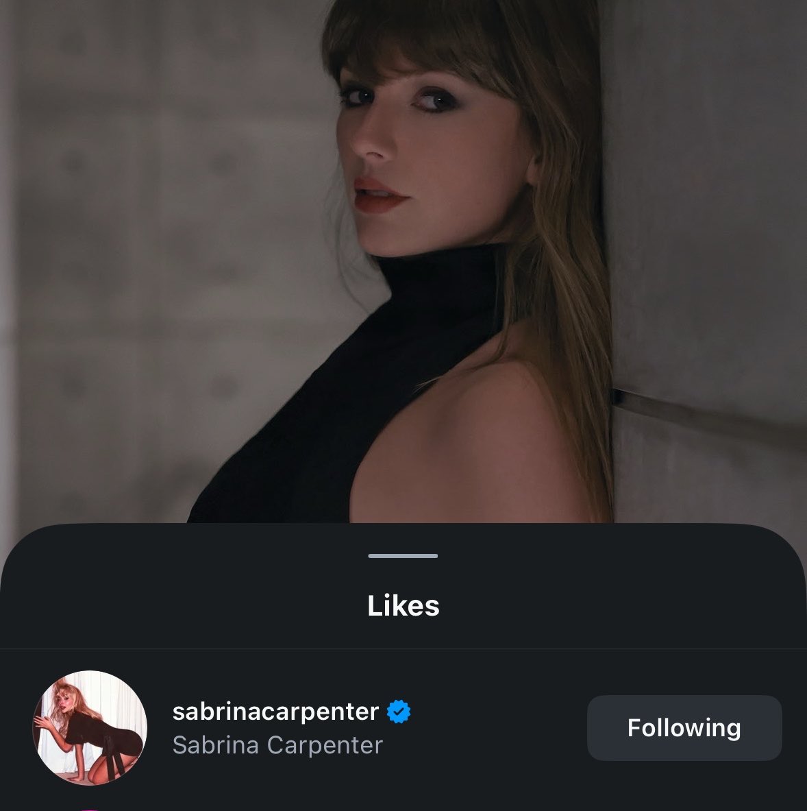 TSUpdating's tweet photo. Sabrina Carpenter liked Taylor Swift’s announcement of her new single “Patient Zero” on Instagram. https://t.co/2lwC7F67cb