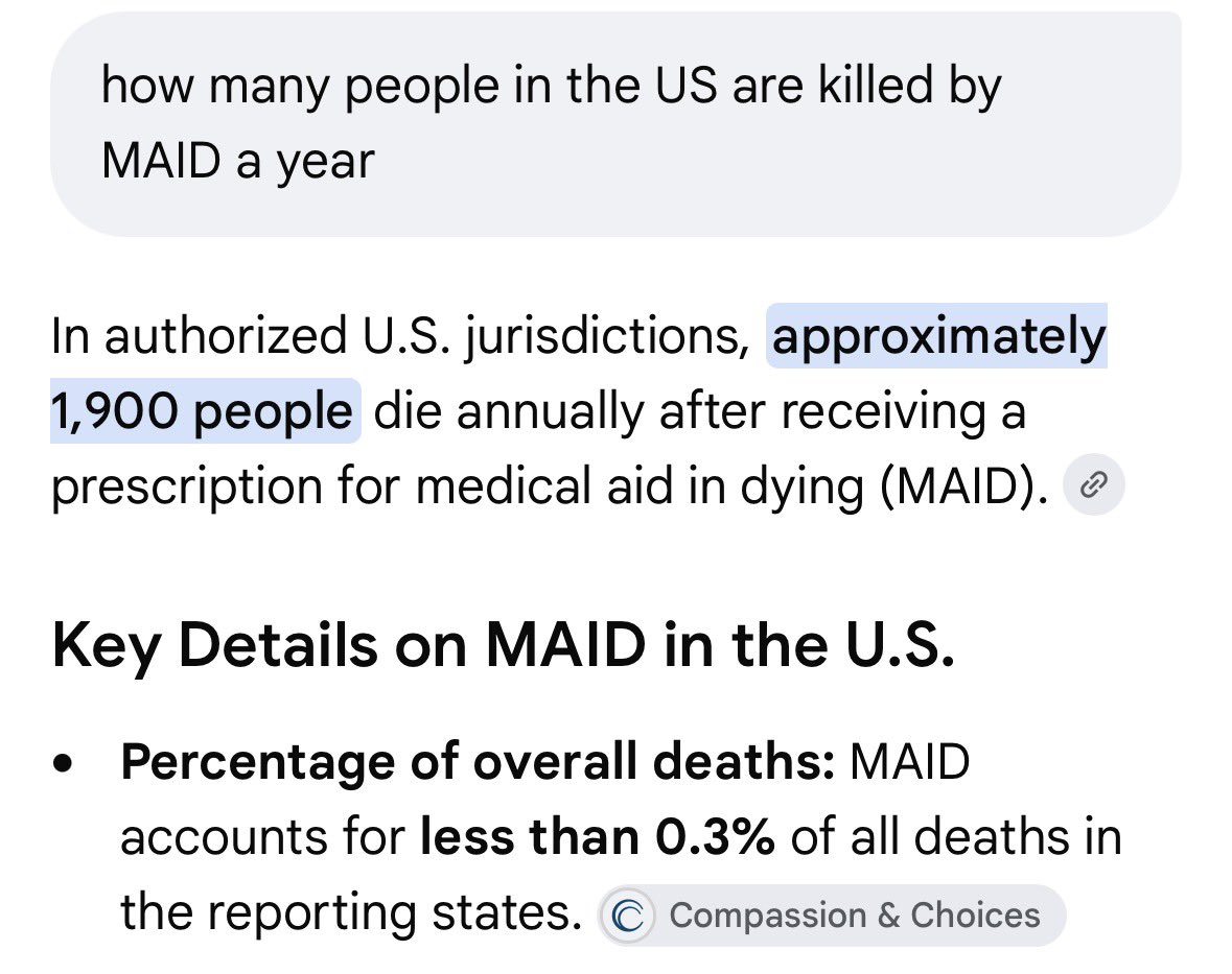 buizell's tweet photo. @BasedMikeLee Crazy! Now if you add the amount of people in the USA killed by MAID annually (only in 14 jurisdictions) to the number of gun related homicides, and vice versa with Canada, USA has more deaths! Meaning it’s automatically worse than Canada right? https://t.co/6tyosQac4P