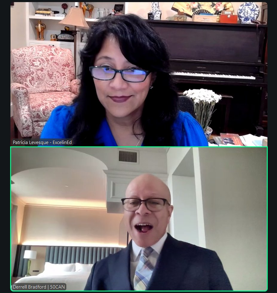 ExcelinEd's tweet photo. We enjoyed being part of this week’s #LearningTuesdays conversation!
Thank you to the Campaign for Grade-Level Reading for having our CEO Patricia Levesque (@LevesquePat) join this important webinar and to @FiftyCAN's Derrell Bradford (@Dyrnwyn) for a great discussion. Always glad to be part of the dialogue around what works to help students succeed.
