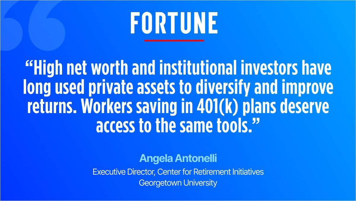 AmericaInvests's tweet photo. ICYMI: Workers saving in 401(k)s deserve more tools to build a secure retirement. In @FortuneMagazine, Georgetown’s Angela Antonelli makes the case for private market access, citing research showing the potential for higher retirement income, net of fees. 
https://t.co/wO3S1gX36k https://t.co/IUDhkfzvEi