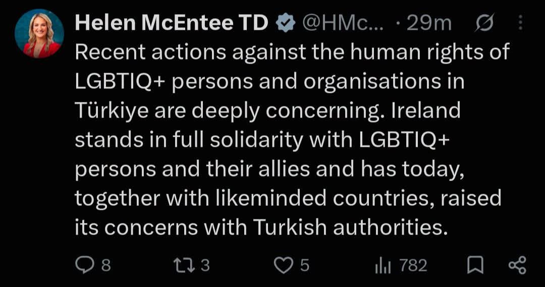 RealIrishNews's tweet photo. Helen McEntee can find her voice for LGBTIQ+ people in Turkey. 
She can't find it for Alex Coughlan.

On 22 September the Minister for Foreign Affairs posted that recent actions against LGBTIQ+ persons and organisations in Türkiye were “deeply concerning.” Ireland, she said, stood “in full solidarity” and had, with like-minded countries, raised the matter with Turkish authorities. 

The tweet followed a coordinated police operation in mid-September in which Turkish authorities raided LGBT and HIV support groups, detained dozens of activists, blocked social media accounts and framed the sweep as protection of “family values.” Homosexuality is not a crime in Turkey, but Pride events have been banned for years and President Erdoğan’s government has grown openly hostile.

That statement is not, in itself, remarkable.
Foreign ministers comment on human-rights issues abroad. What is remarkable is the silence that preceded it at home.

Alex Coughlan, 37, was found unconscious on Mill Road in Blanchardstown on the afternoon of 17 May 2026. 
He died three days later from traumatic head and neck injuries. Two teenagers, then 16, were charged. Gardaí allege they made contact with him the day before through Grindr, saved his number under the name “Prey two,” arranged a meeting, blocked him on the road, punched him to the ground, pursued him when he tried to run, and kicked and punched him while he was on his knees pleading. 
A witness described one of them shouting “you f** paedo.” Cards and a gold ring given to him by his father were taken and used within minutes. The case has now been sent forward for trial on murder and robbery charges.

Coughlan was a gay man targeted through a gay dating app. The facts already in the public domain are enough to raise an obvious question: why does a government that speaks so readily about LGBTIQ+ rights in Ankara have so little to say when a gay man is beaten to death in Dublin 15?

No comparable statement from McEntee appears on the record. She has issued condolences for attacks and incidents overseas. She has not issued one for Coughlan. Replies under her other posts noted the omission at the time. The pattern is familiar: distant solidarity is cheap; a killing on a suburban Dublin road that implicates local social realities is politically awkward.

The tweet itself is also sloppy in its framing. McEntee’s post is about LGBTIQ+ people in Turkey, not “Turkish Muslims” as a bloc. Turkey is a Muslim-majority country whose current government wraps its crackdown in family, morality and nation. That context matters. Pretending the two are identical is lazy. Pretending Ireland has no comparable problems of its own is worse.

If solidarity with LGBTIQ+ people is more than a diplomatic talking point, it has to survive contact with a man on his knees on Mill Road. So far it has not.
The Minister found time for Türkiye. She has not found time for Blanchardstown.