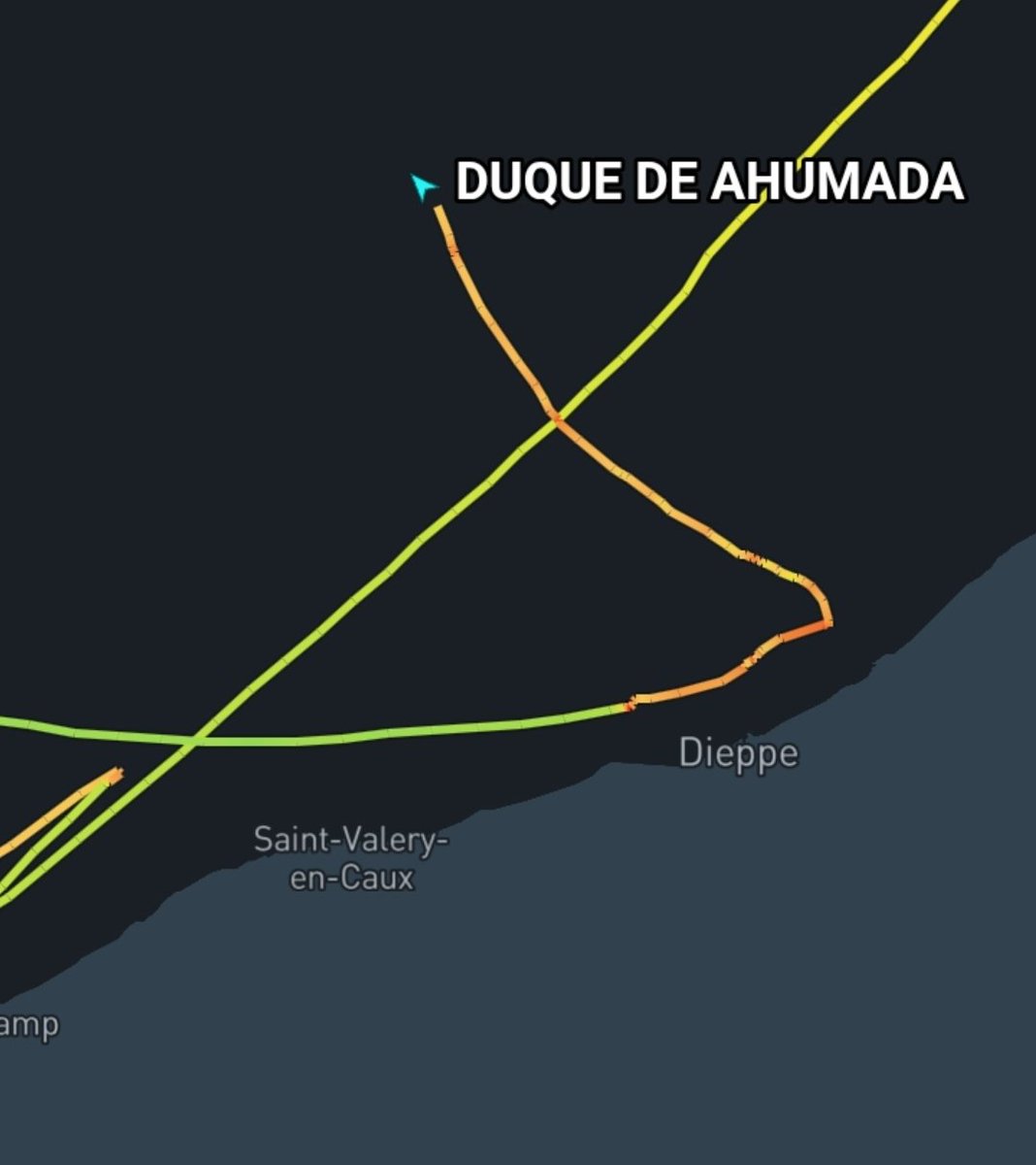 channelwatchuk's tweet photo. 🚨!!RED ALERT!!🚨 9pm 
22/09/26 
Looks like yet another illegal migrant crossing occurring right now! 
The  vessel, "Duque de Ahumada"   known to "monitor" these crossings is heading towards the middle of the Channel right now. https://t.co/VvnqFyKcWN