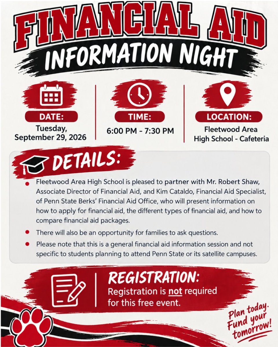 FASDTigers's tweet photo. We are partnering with financial aid directors and specialists for a general information session! Join us on September 29th from 6:00 PM - 7:30PM in the high school cafeteria! Come learn more about your financial aid options. 🐅🎓️ https://t.co/B575BhXt7I
