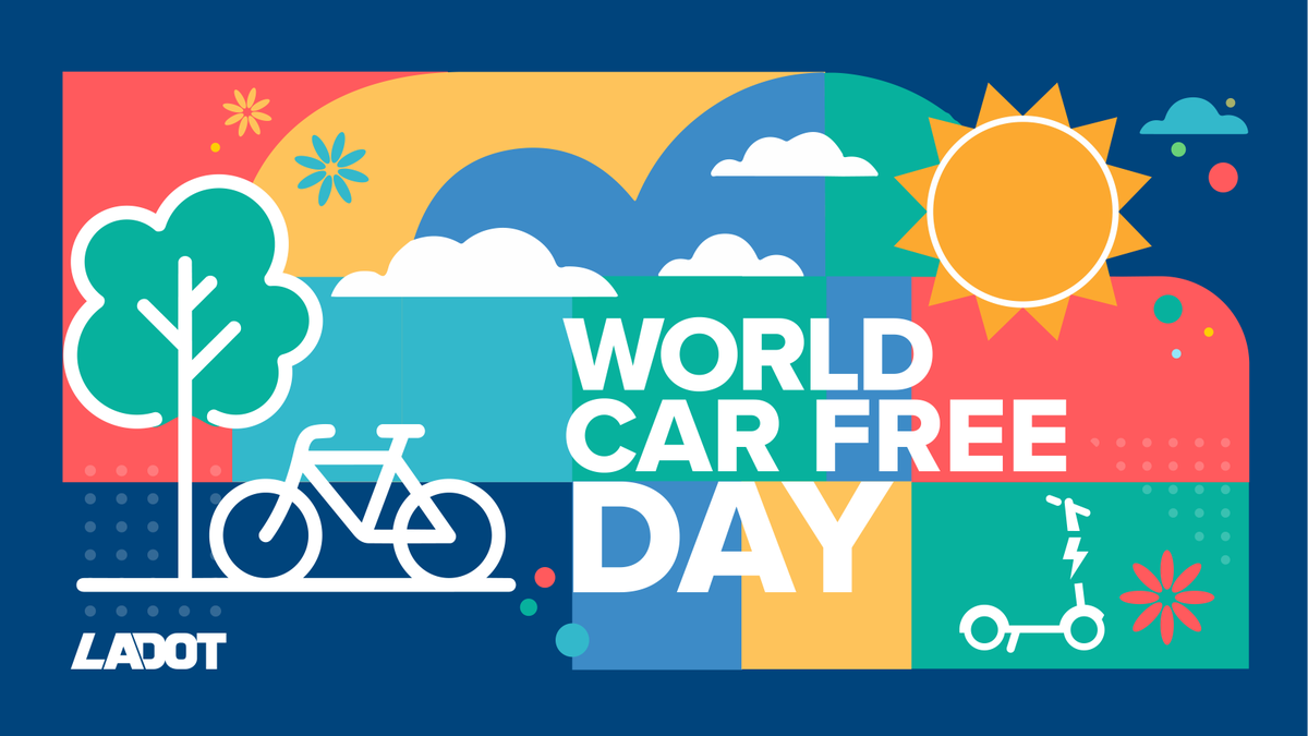 Colorful graphic promoting World Car Free Day with icons of a bicycle, electric scooter, tree, and sun against a vibrant background.
