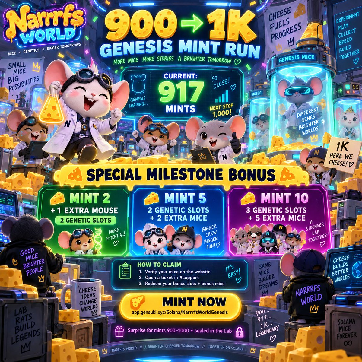 narrrf12345's tweet photo. 🐭🧀 ROAD TO 1,000 — THE LAB BONUS IS LIVE! 🧀🐭

We celebrated 900 Genesis Mice…
and we’re already at **917 / 1,000**. 🔥
So the secret from the Lab is officially out.
For the special **900 → 1K Genesis Mint Run**:

🧬 **MINT 2**
→ 2 Genetic Inventory Slots

🐭 **MINT 5**
→ 2 Genetic Inventory Slots
→ +2 EXTRA Genesis Mice

🔥 **MINT 10**
→ 3 Genetic Inventory Slots
→ +5 EXTRA Genesis Mice

To redeem your milestone bonus:

✅ Mint your mice
✅ Verify them on the Narrrfs World website
🎫 Open a support ticket in Discord
🧀 The Lab verifies everything and unlocks your bonus

Only **83 mice** remain until four digits. 👀

🐭 Mint:
https://t.co/nV99zlfloh

🌐 Enter Narrrfs World:
https://t.co/O5uuaIFRtt

The Mouse population is growing.
The Lab is expanding.
And 1K is getting VERY close.

**900 → 1,000. Let’s cheese it.** 🐭🧀🚀

#NarrrfsWorld #MouseGang #SolanaNFT #Web3Gaming #SPOIC #dSPOINC