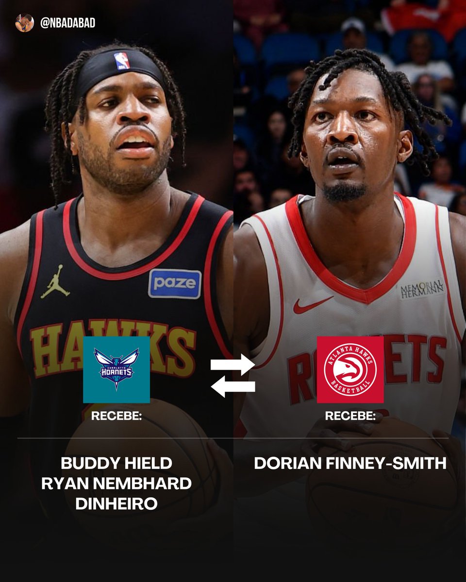 NBAdabad's tweet photo. 🚨 TEMOS TROCA NA NBA!

🔵 Hornets recebe:

— Buddy Hield
— Ryan Nembhard
— Dinheiro

🔴 Hawks recebe:

— Dorian Finney-Smith

🗞️ @ShamsCharania https://t.co/IyRaR8RIbP