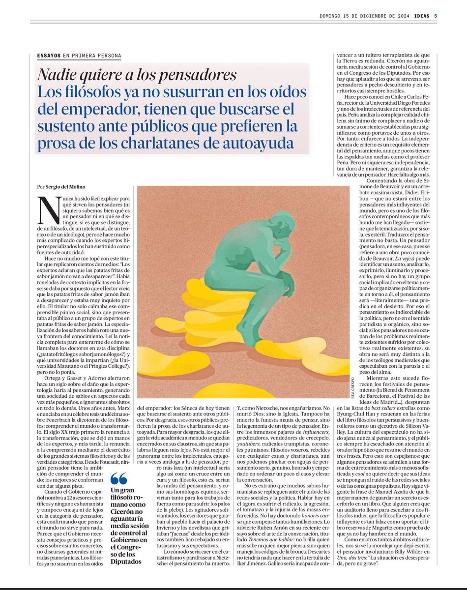 sanz_ismael's tweet photo. Los filósofos ya no susurran al oído de los poderosos. Qué pasó con el lugar del pensamiento crítico en la sociedad? Los filósofos buscan relevancia. Puede el pensamiento profundo recuperar su lugar en un mundo que prefiere respuestas rápidas? https://t.co/ztjblQ7TDh