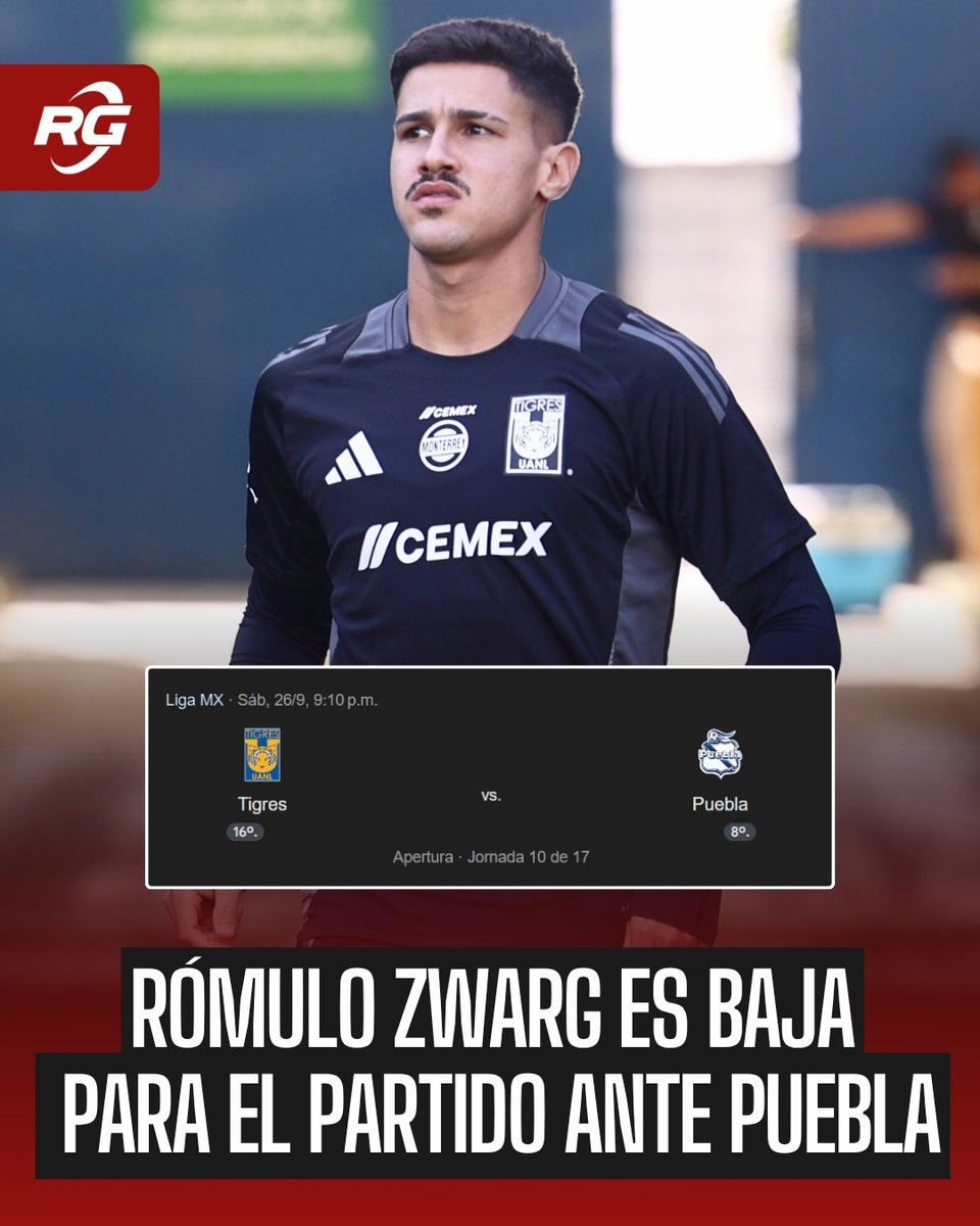 rg690's tweet photo. 🚨 ¡TIGRES PIERDE A RÓMULO!

El mediocampista brasileño Rómulo Zwarg será baja para el partido ante Puebla de la Jornada 10.

Rómulo sufrió un desgarro en la pierna izquierda durante el calentamiento previo al duelo ante Juárez y estaría fuera al menos cuatro semanas.

Además, Jesús Garza tampoco estaría disponible ante La Franja, ya que recibirá descanso tras jugar infiltrado en los últimos partidos.

🐯 Dos bajas para Tigres de cara a la Jornada 10.

#TigresUANL #LigaMX