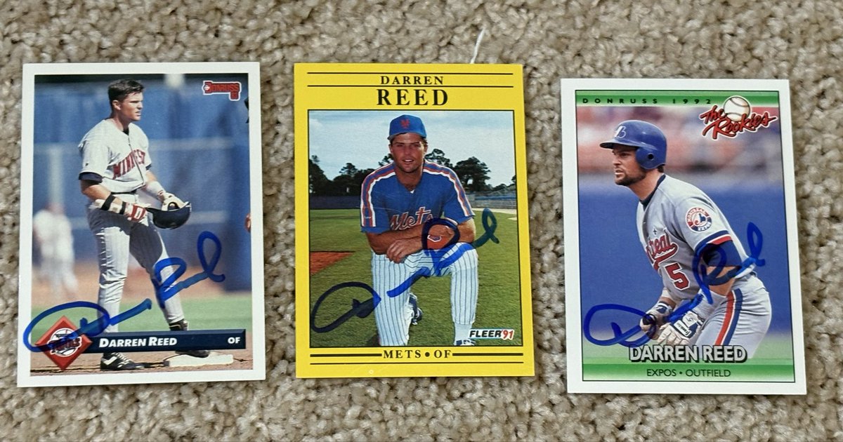 mjs80377's tweet photo. Thanks to @Montreal_Expos @Mets @Twins OF Darren Reed for signing my cards #Donruss #TheRookies #Fleer #Collect #BaseballCards #Autographs #TTMAutographs #Hobby #TTM #TTMSuccess #Expos #MNTwins #LGM https://t.co/AssQKY0rHv