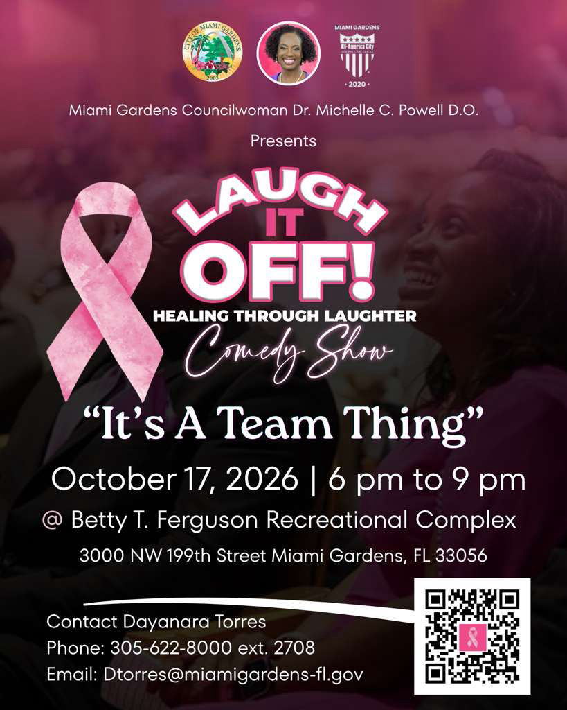 CityofMiaGarden's tweet photo. Laugh It Off! Healing Through Laughter! Join us October 17 for an unforgettable evening of comedy, community, and connection. ๐๐ค
๐ Betty T. Ferguson Recreational Complex
๐๏ธ October 17 | 6โ9 PM
#LaughItOff #BreastCancerAwareness #MiamiGardens https://t.co/HnBbjW0E0e