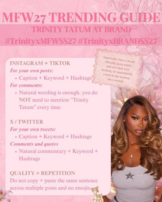 brinitybase's tweet photo. Trinity Tatum is attending Milan Fashion Week! 🇮🇹 🤍 Here’s how we’ll engage with her MFW coverage! For now, use TRINITY TATUM AT MFW SS27 + #TrinityxMFW. Once she attends a show, switch to the brand’s keywords + hashtag! Let’s make MFW count! https://t.co/Y42nyb0Uyb