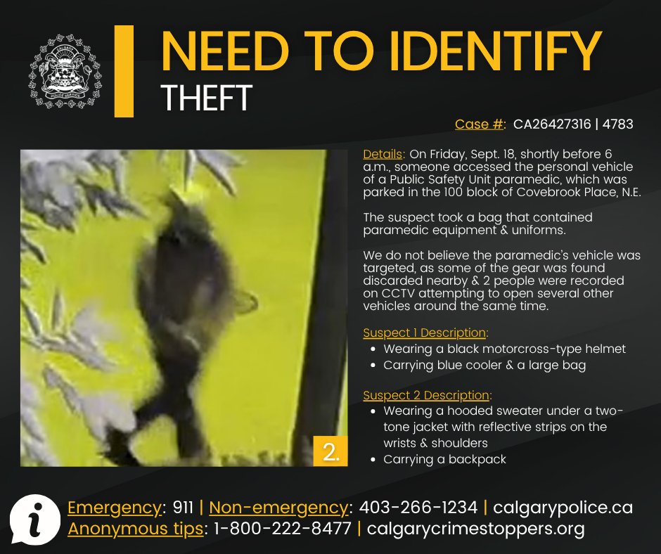 CalgaryPolice's tweet photo. 🔎 NEED TO IDENTIFY 🔍

We are asking the public for assistance in identifying 2 people believed to be responsible for the theft of paramedic tools & equipment.

📍 On Friday, Sept. 18, shortly before 6 a.m., someone accessed the personal vehicle of a Public Safety Unit paramedic, which was parked in the 100 block of Covebrook Place, N.E.

The suspect took a bag that contained paramedic equipment & uniforms.

We do not believe the paramedic’s vehicle was targeted, as some of the gear was found discarded nearby & 2 people were recorded on CCTV attempting to open several other vehicles around the same time.

🔍 The first suspect was wearing a black motocross-type helmet & was carrying a blue cooler & large bag.

🔍 The second suspect was wearing a hooded sweater under a two-tone jacket with reflective strips on the wrists & shoulders. They were also carrying a backpack.

Anyone with information about this incident is asked to contact police by calling the non-emergency number. Tips can also be submitted anonymously to Crime Stoppers through any of the following methods:

Information?
☎️ CPS: 403-266-1234
🛑 @stopcrimeyyc
 
⚖ Case #: CA26427316 | 4783
 
🌐 https://t.co/h7SGC7PVj6