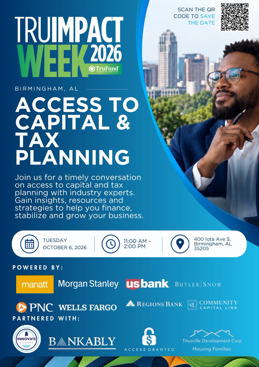 TruFundFinServ's tweet photo. TruImpact Week is coming to Birmingham!
Join TruFund for Access to Capital & Tax Planning and gain strategies to help finance, stabilize, and grow your business.
Oct. 6 | 11 a.m.–2 p.m.
400 Iota Ave. S., Birmingham
Register: https://t.co/mjxR3wzcxC
#TruImpactWeek https://t.co/xylHvXtiRa