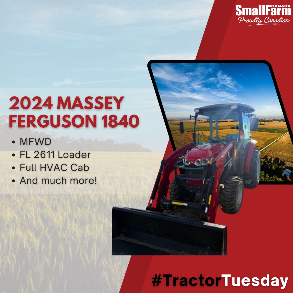 SmallFarmCanada's tweet photo. It's #TractorTuesday!

This week, we are looking at the 2024 Massey Ferguson 1840.

With MFWD, FL 2611 Loader, Full HVAC Cab, and much more, this tractor is ready for any small farm project!

@Westerntractor has all the specs here ⏬️ 

https://t.co/BISlRWXWCw https://t.co/RrSBnPlMQw