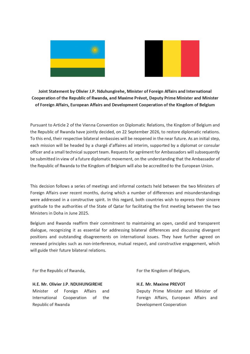 RwandaMFA's tweet photo. (ENG) RWANDA-BELGIUM JOINT STATEMENT ON THE RESTORATION OF DIPLOMATIC RELATIONS 

(FR) RWANDA-BELGIQUE COMMUNIQUÉ CONJOINT SUR LA RESTORATION DES RELATIONS DIPLOMATIQUES 

To read more / pour plus de détails: https://t.co/405z4VVwCw https://t.co/n9rYBRFysw