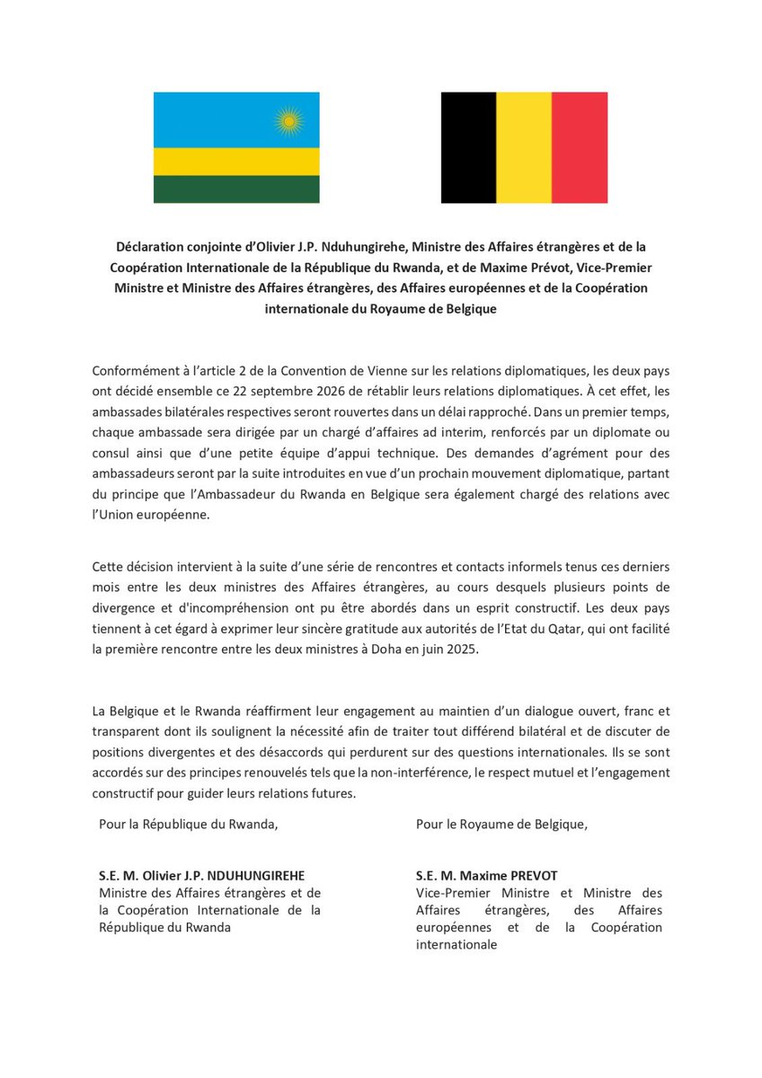 RwandaMFA's tweet photo. (ENG) RWANDA-BELGIUM JOINT STATEMENT ON THE RESTORATION OF DIPLOMATIC RELATIONS 

(FR) RWANDA-BELGIQUE COMMUNIQUÉ CONJOINT SUR LA RESTORATION DES RELATIONS DIPLOMATIQUES 

To read more / pour plus de détails: https://t.co/405z4VVwCw https://t.co/n9rYBRFysw