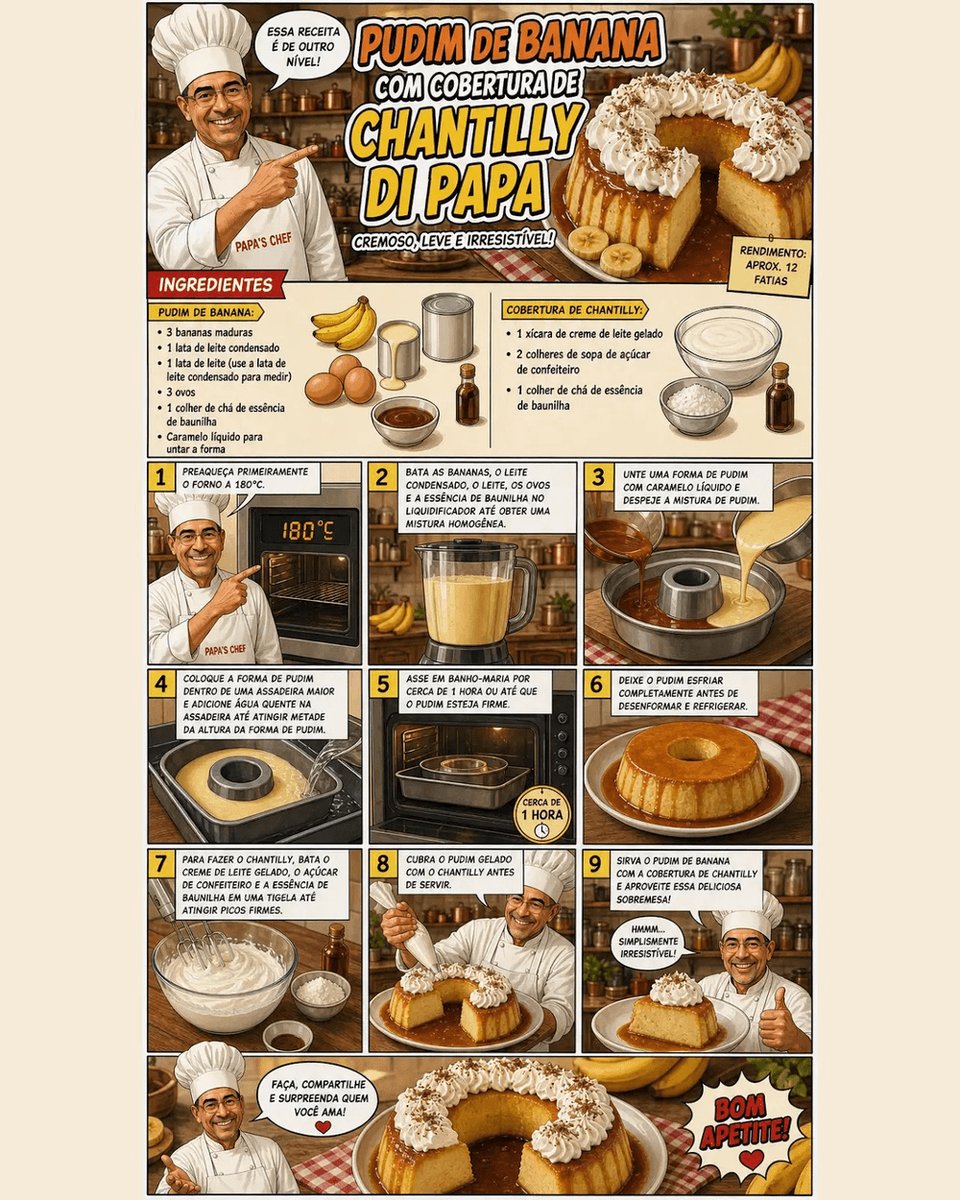 PapasChefBR's tweet photo. 🍌🍮 Pudim de banana com cobertura de chantilly: banana madura batida com leite condensado, assado em banho-maria até firmar, coberto com chantilly de picos firmes.

📍 Receita completa no Instagram @papas_chef
#pudimdebanana #pudim #banana #papaschef https://t.co/kDU34UCORV