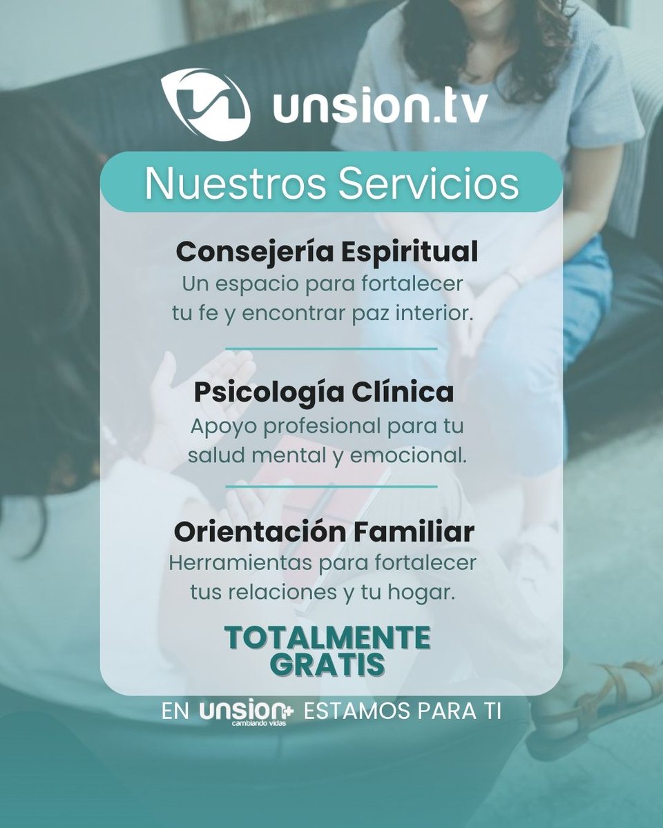 UNSIONTV's tweet photo. No tienes que atravesar momentos difíciles a solas. 🤝✨

En el Centro de Consejería de Unsión TV, contamos con profesionales y voluntarios listos para ofrecerte Psicología Clínica, Orientación Familiar y Consejería Espiritual de forma TOTALMENTE GRATUITA.

💬 Escríbenos por WhatsApp al 098 046 5683 y agenda tu cita presencial o virtual.

📍 Visítanos: Juan Montalvo 7-40 y Sucre
⏰ Horarios: Lunes a viernes de 08H00 - 13H00 y 15H00 - 18H00

🔖 ¡Guarda esta información y compártela para llegar a quien más lo necesita!